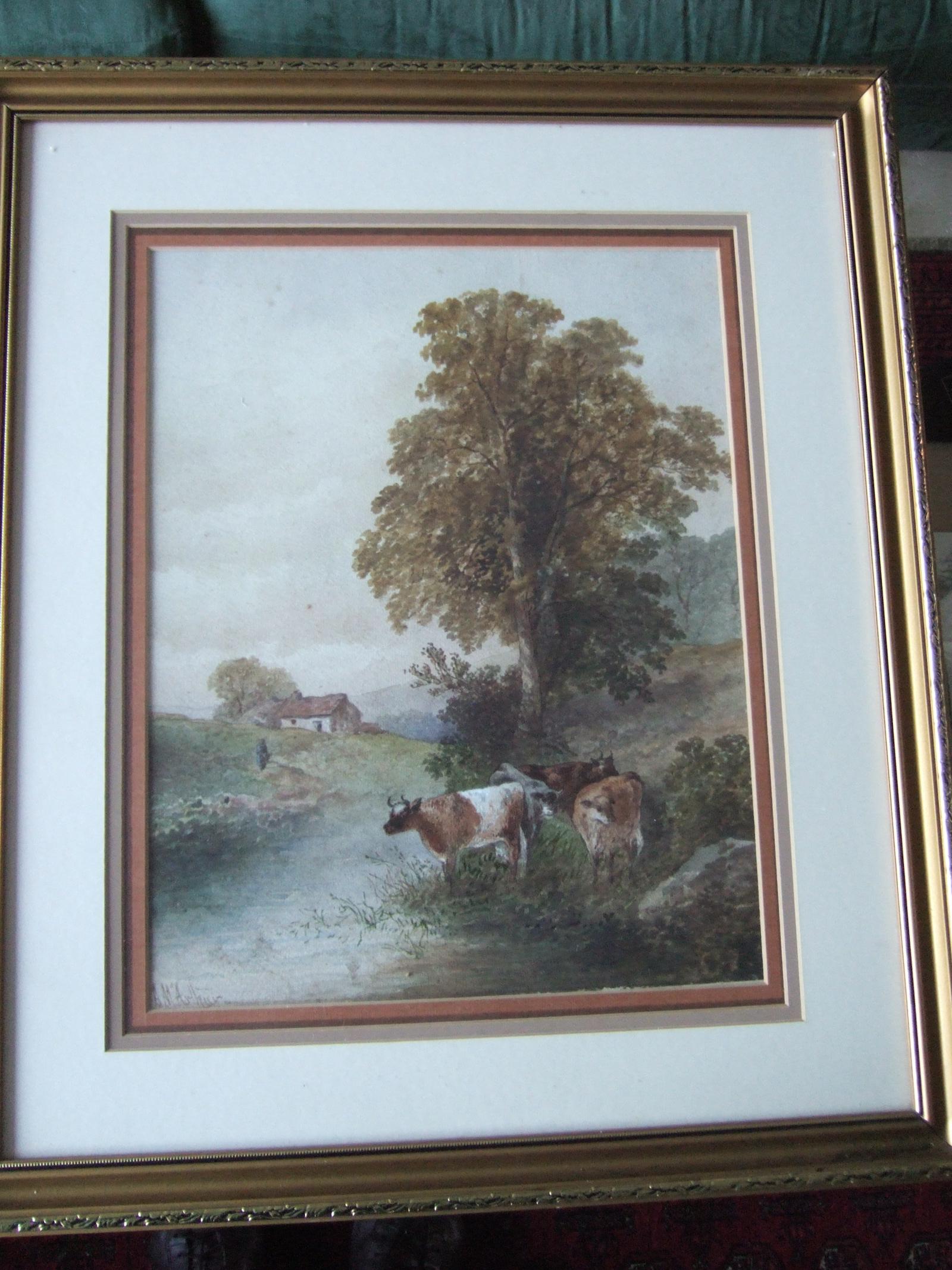 Arthur McArthur (fl:1880-1920) watercolour of cattle watering by a river (1 of 3)