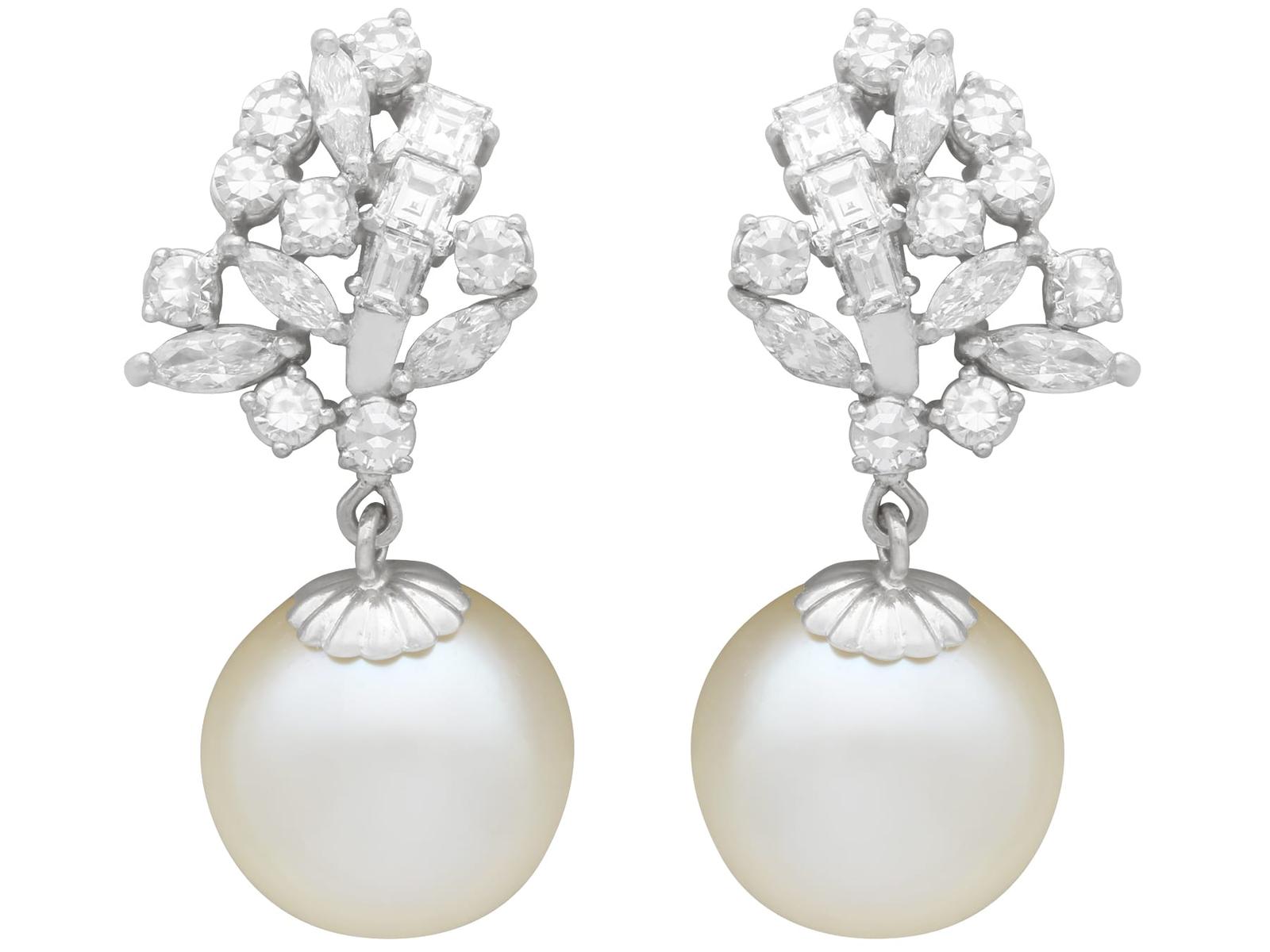 Vintage Cultured Pearl and 2.84ct Diamond, 18ct White Gold Earrings Circa 1970 (1 of 12)