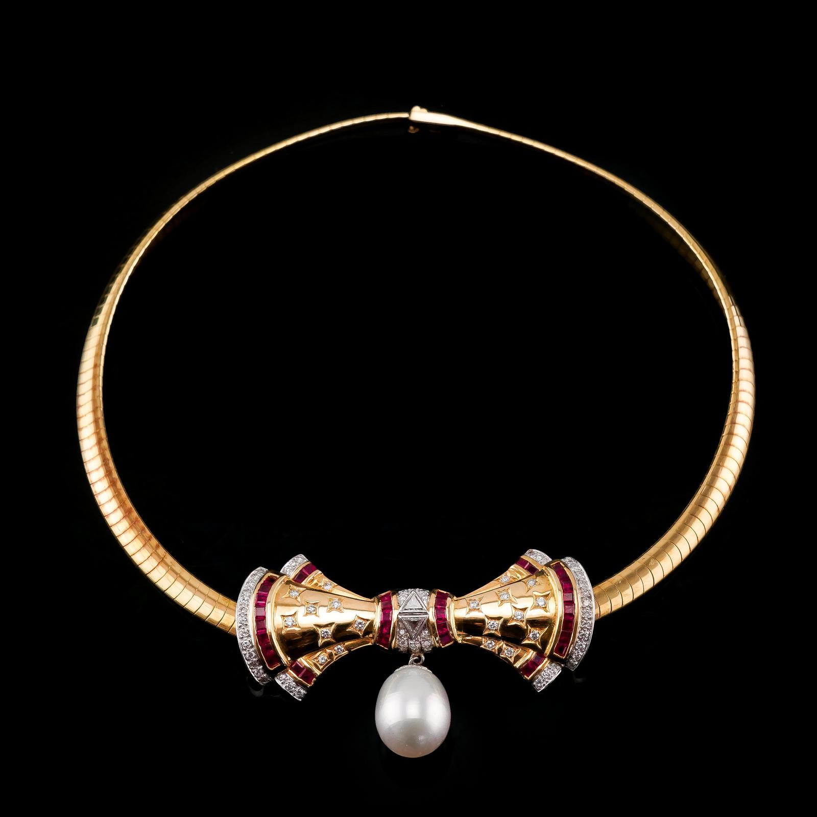 Large 18ct Gold Ruby, Diamond & Pearl Bow Necklace / Choker (1 of 25)
