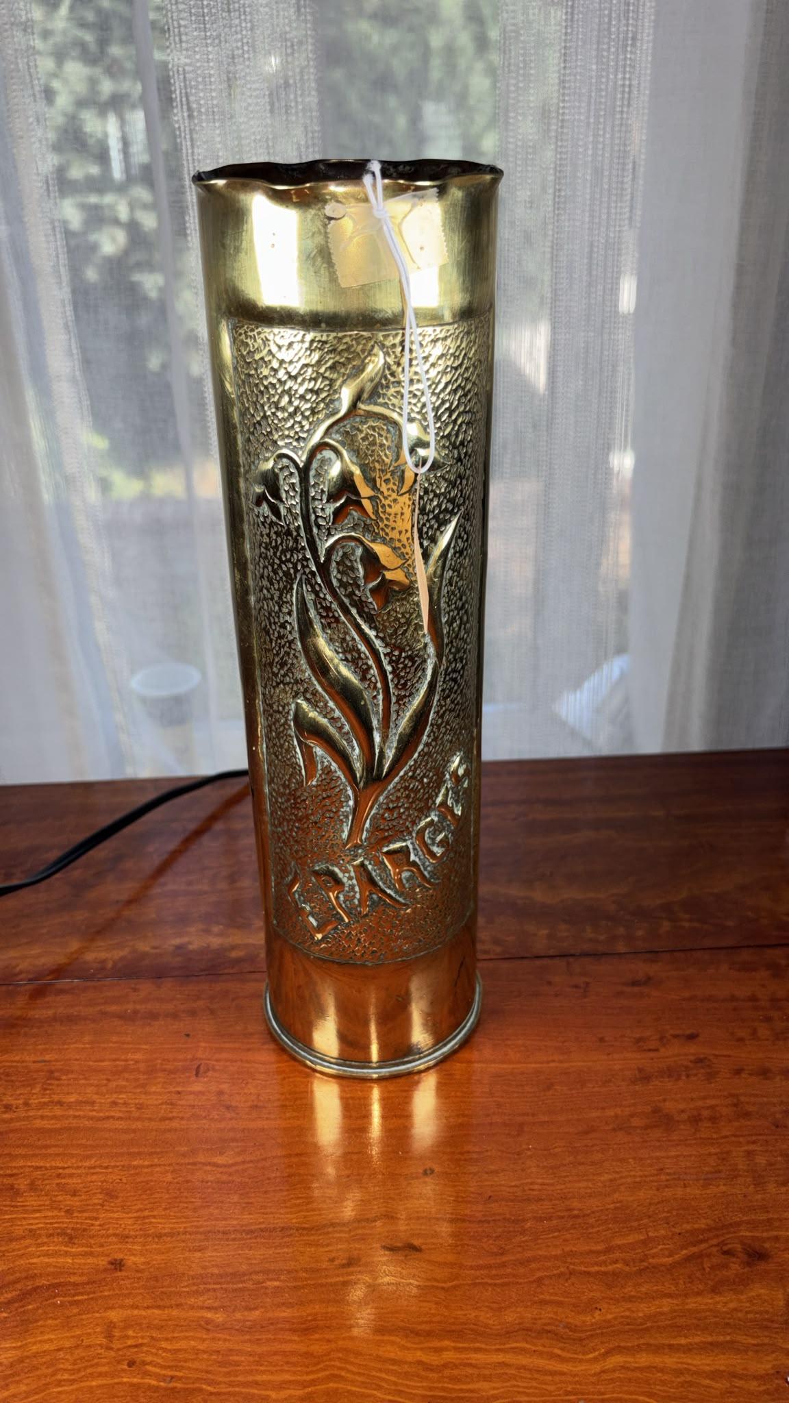 Brass Vase Fashioned from World War 1 Artillery Shell Casing (1 of 2) Brass Vase Fashioned from World War 1 Artillery Shell Casing (1 of 2)