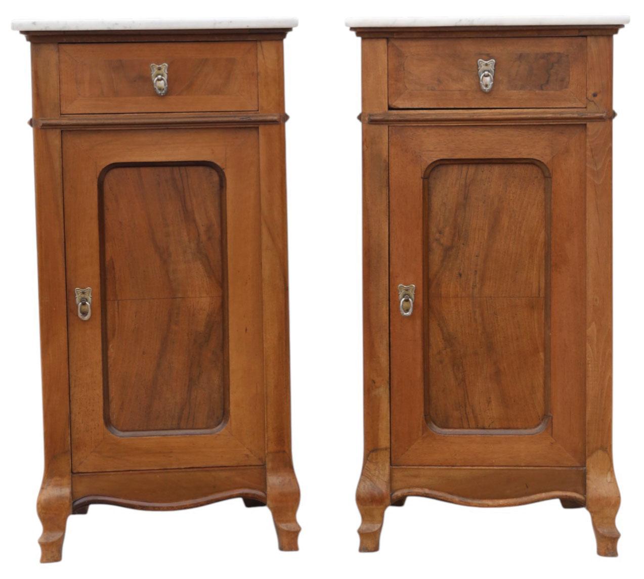 Antique Pair of Cherry & Walnut Bedside Tables with Marble Tops – Fine Quality Nightstands c.1910 (1 of 8)