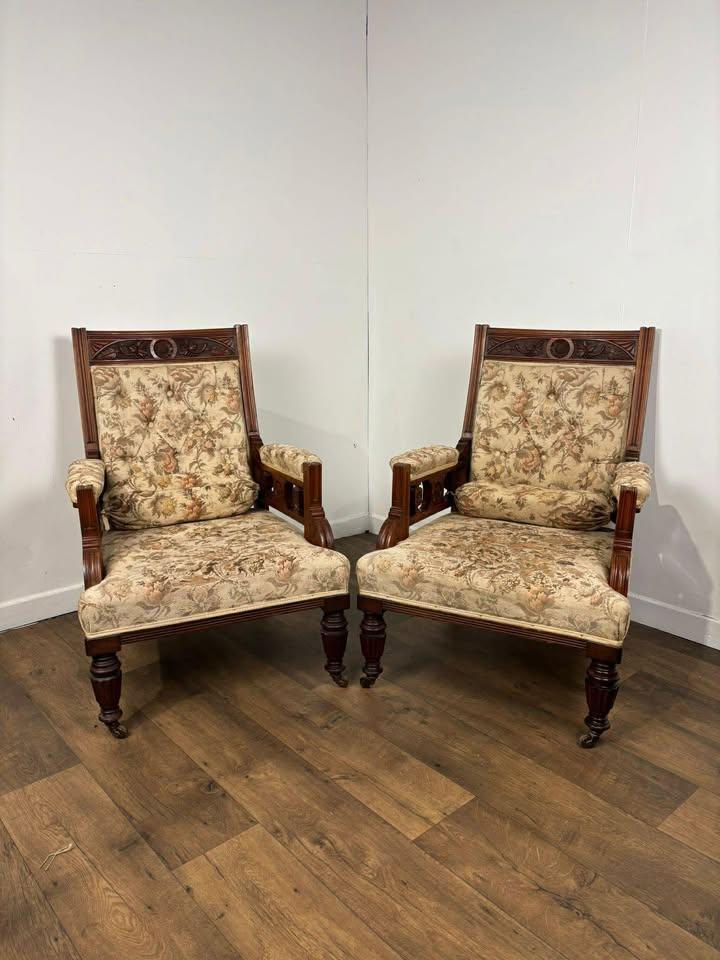 Pair of Victorian Carved Walnut Upholstered Library Armchairs (1 of 14) Pair of Victorian Carved Walnut Upholstered Library Armchairs (1 of 14)