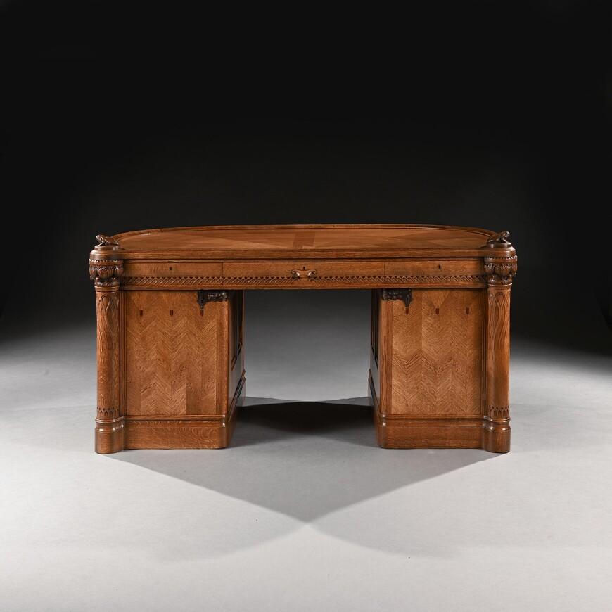 North European Art Nouveau Demi-lune Shaped Oak Pedestal Writing Desk (1 of 11) North European Art Nouveau Demi-lune Shaped Oak Pedestal Writing Desk (1 of 11)