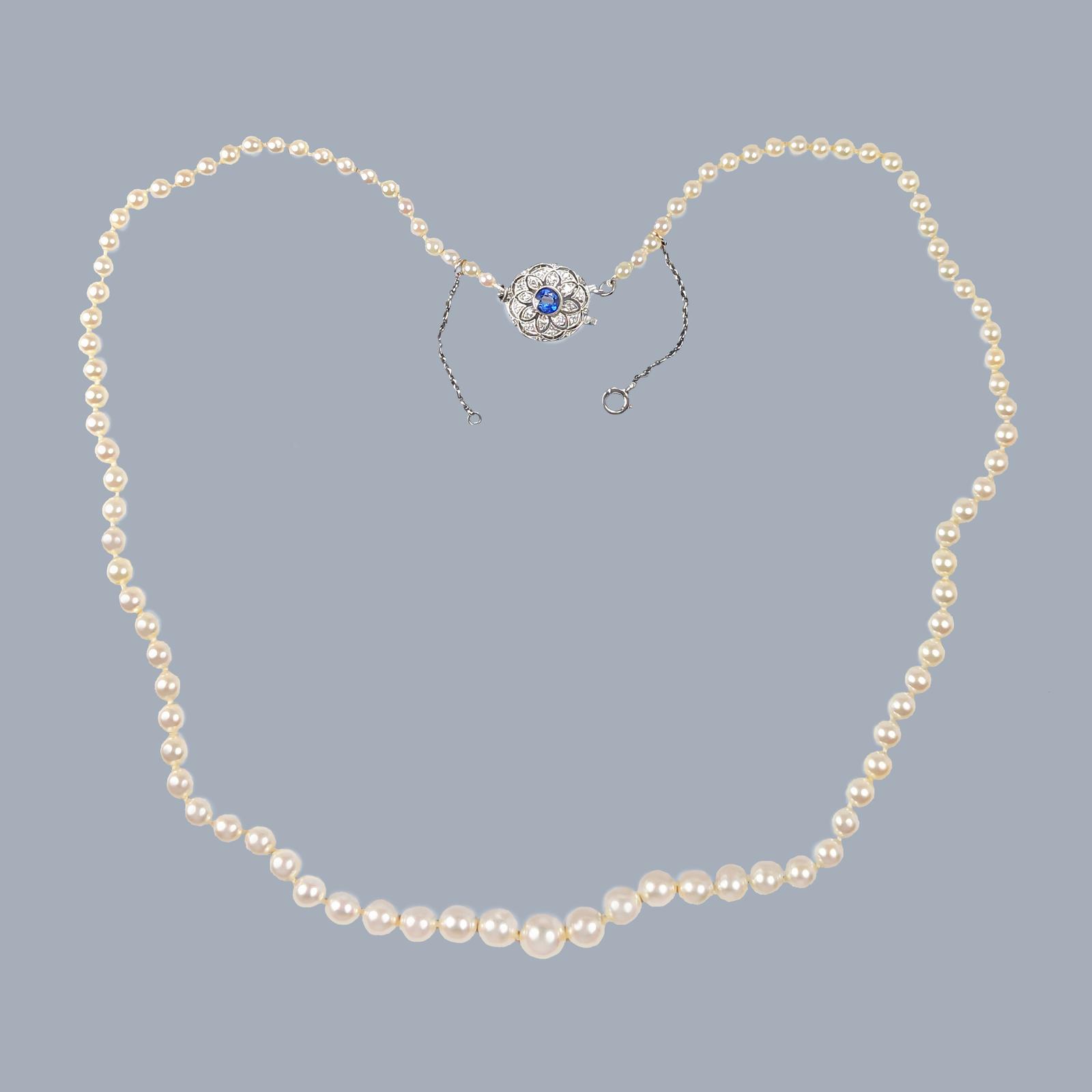 Antique Pearl Necklace with Sapphire & Diamond Floral Clasp – Anchorcert Certified, Cultured Pearls c.1920 (1 of 8)