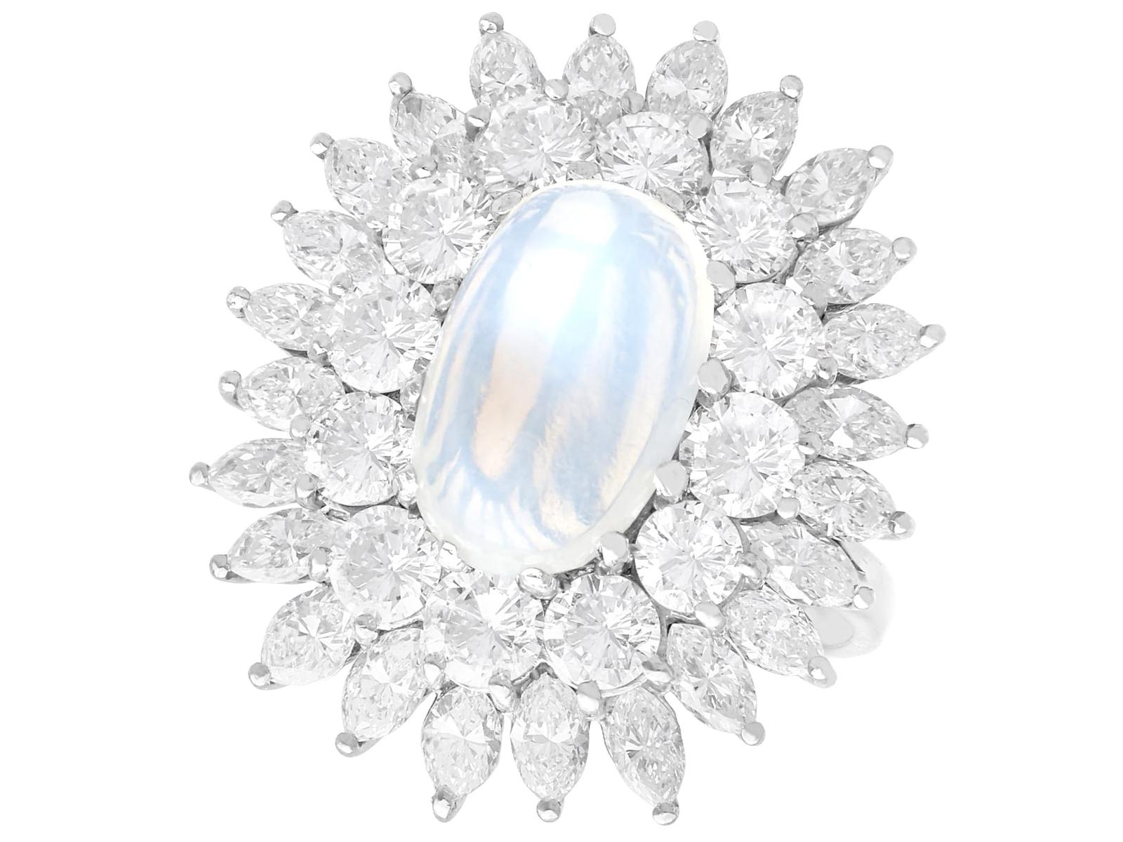 Vintage 4.07ct Moonstone & 5.95ct Diamond, 18ct White Gold Cocktail Ring c.1970 (1 of 9)