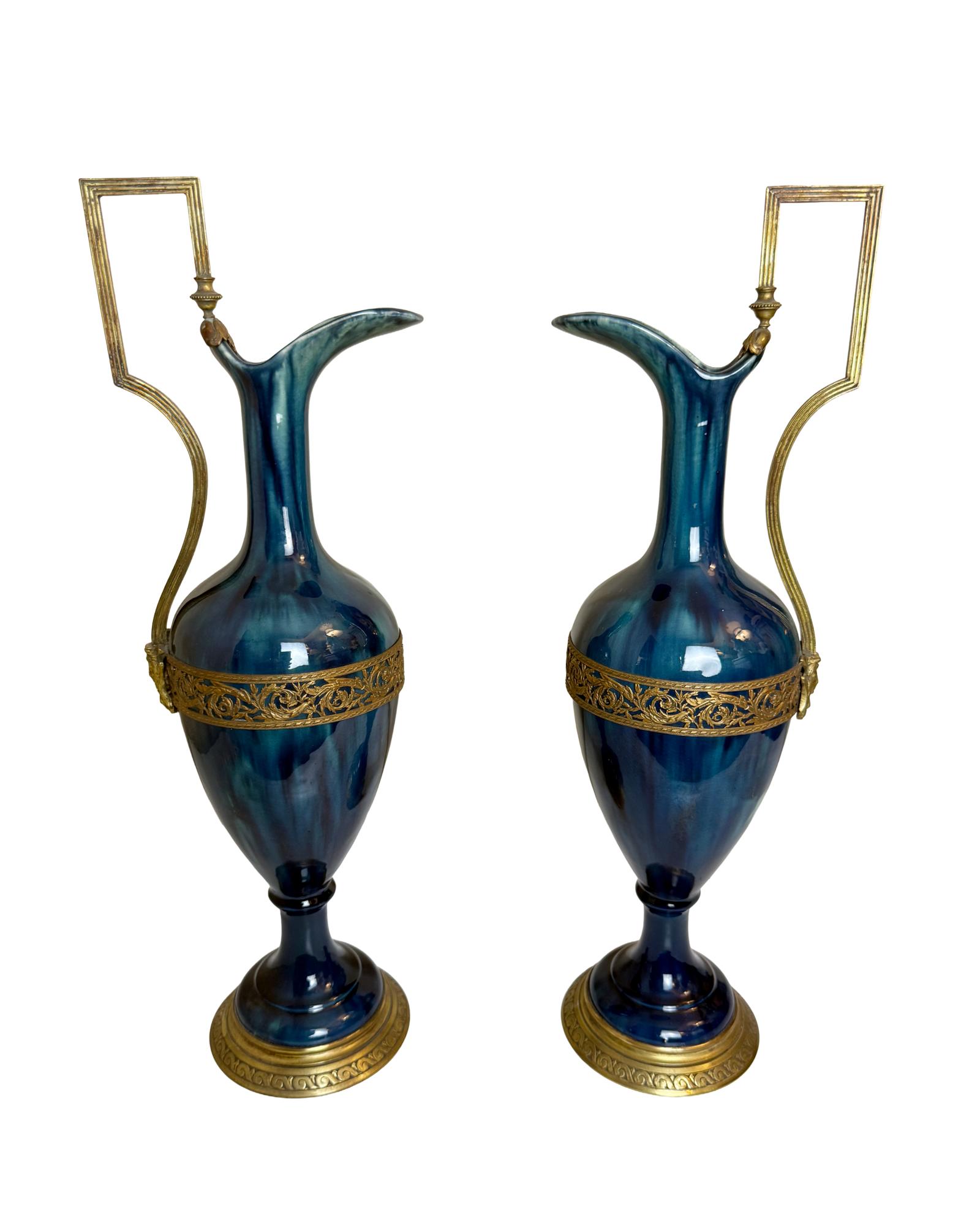 Antique Pair of Blue Porcelain Urns with Gilt Bronze Trim (1 of 8) Antique Pair of Blue Porcelain Urns with Gilt Bronze Trim (1 of 8)