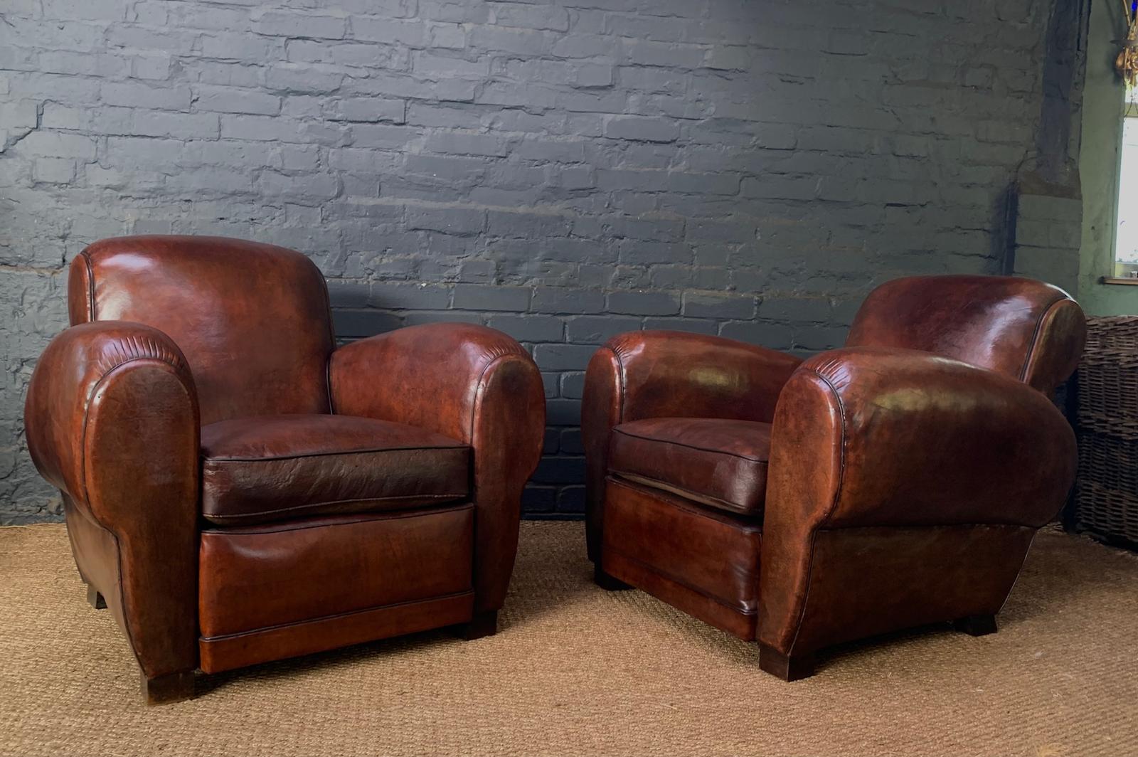 Exceptional Pair of French Leather Club Chairs - Havana Gang-box Models c.1930 (1 of 12) Exceptional Pair of French Leather Club Chairs - Havana Gang-box Models c.1930 (1 of 12)