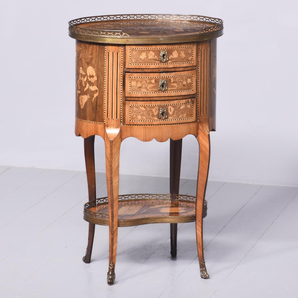 French Marquetry Inlaid Oval Side Table with Brass Gallery (1 of 15) French Marquetry Inlaid Oval Side Table with Brass Gallery (1 of 15)