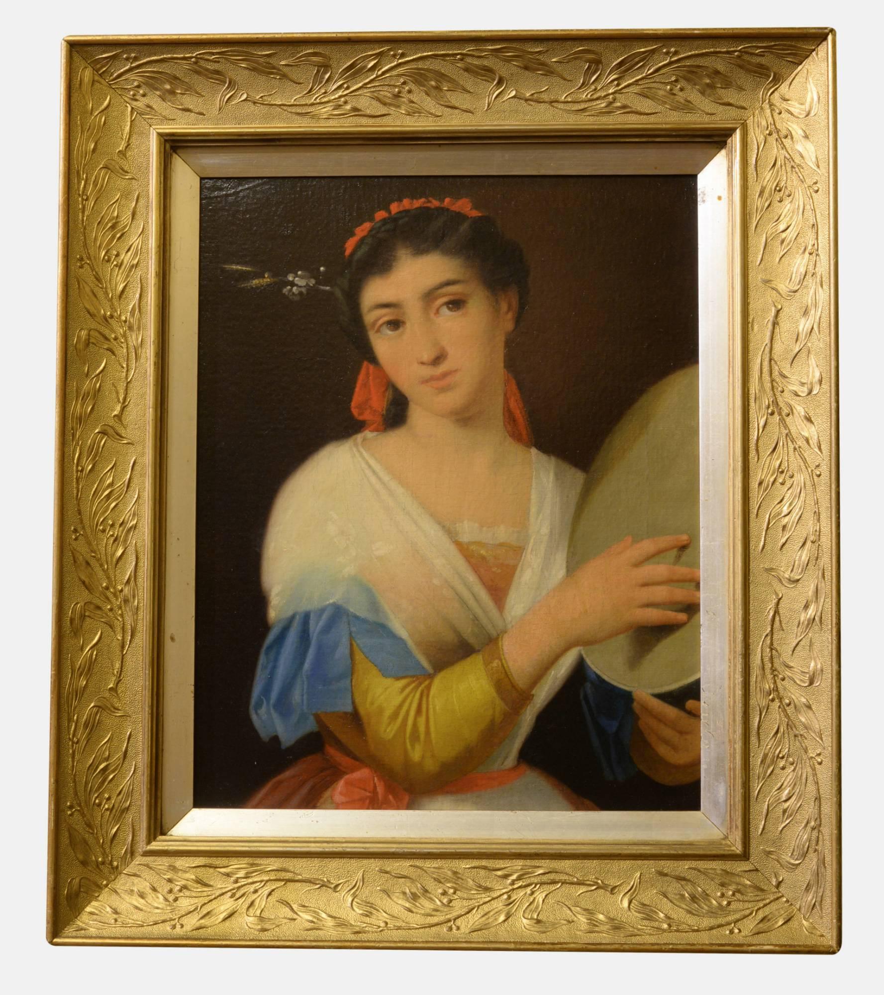 Italian Oil on Canvas of Girl with Tambourine c.1840 (1 of 1)