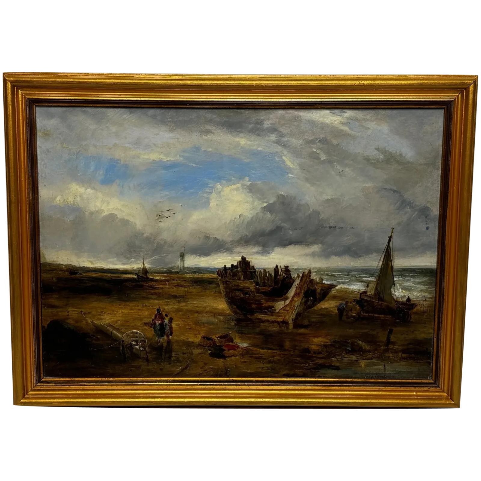 Oil Painting Ships Wreck Moreton Beach Wirral Historic Leasowe Lighthouse (1 of 44)