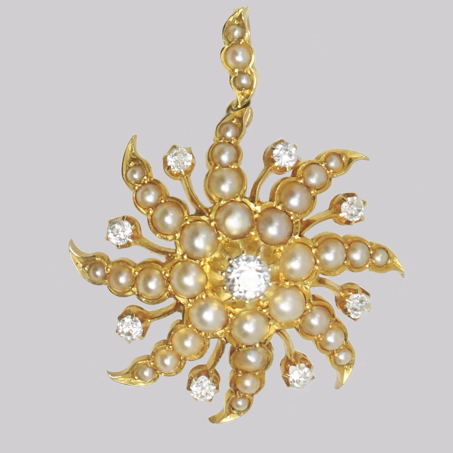 Antique Diamond Pearl Starburst Pendant 18ct Gold Victorian Swirling Star 0.50ct Old Cut Diamonds (1 of 6)