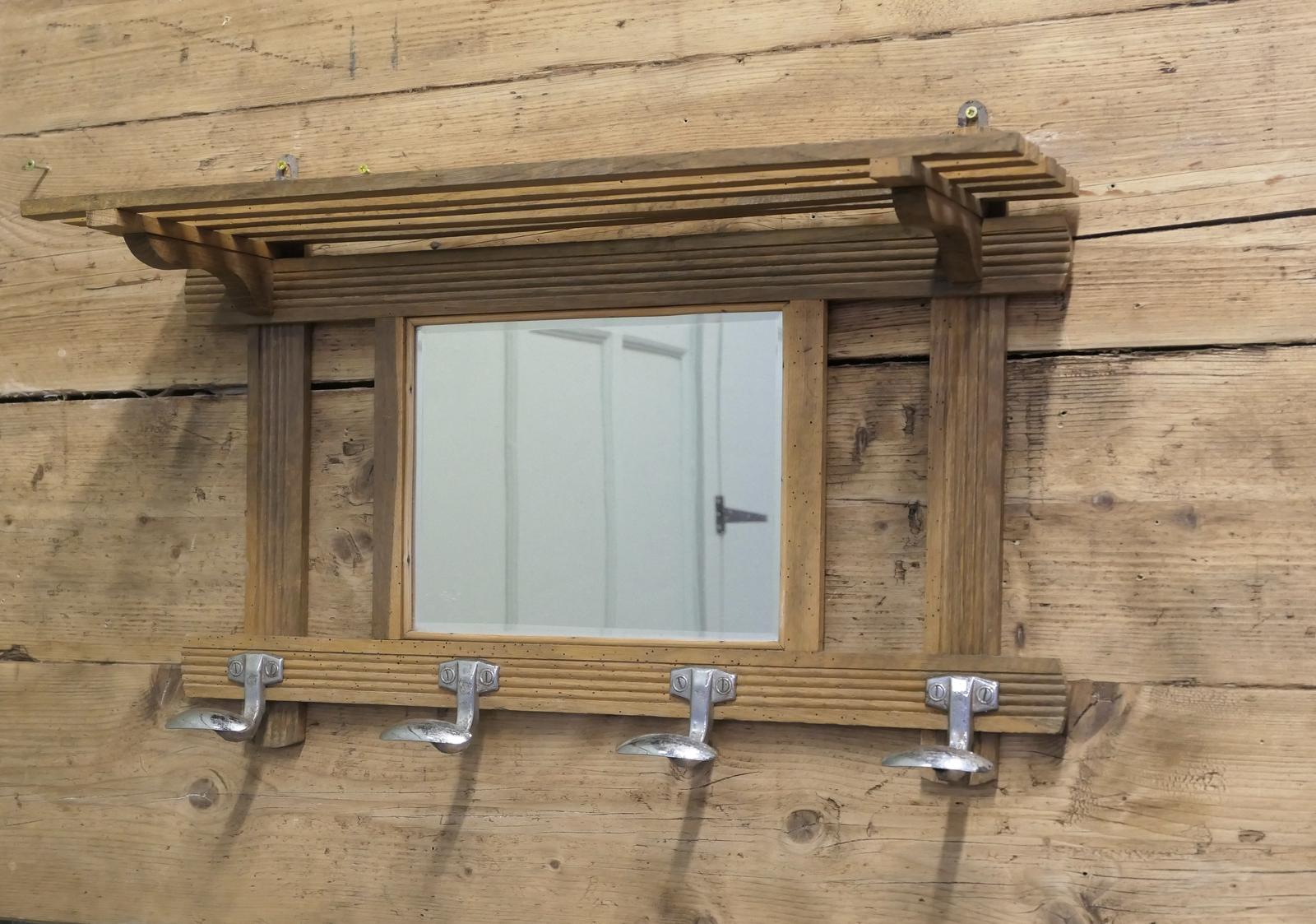 Arts and Crafts French Pine Wall Mirror with Shelf and  Coat Hooks (1 of 4)