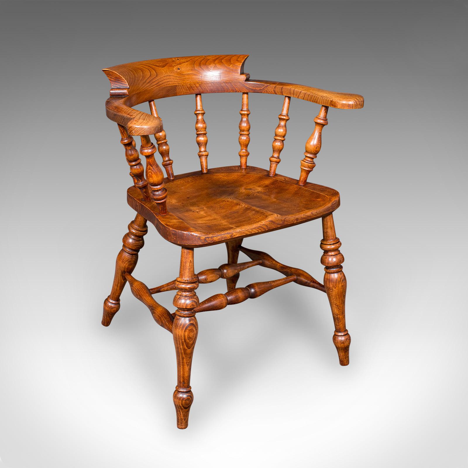 Antique Country House Captain's Chair, English Elm, Smoker's Bow Seat c.1900 (1 of 12)