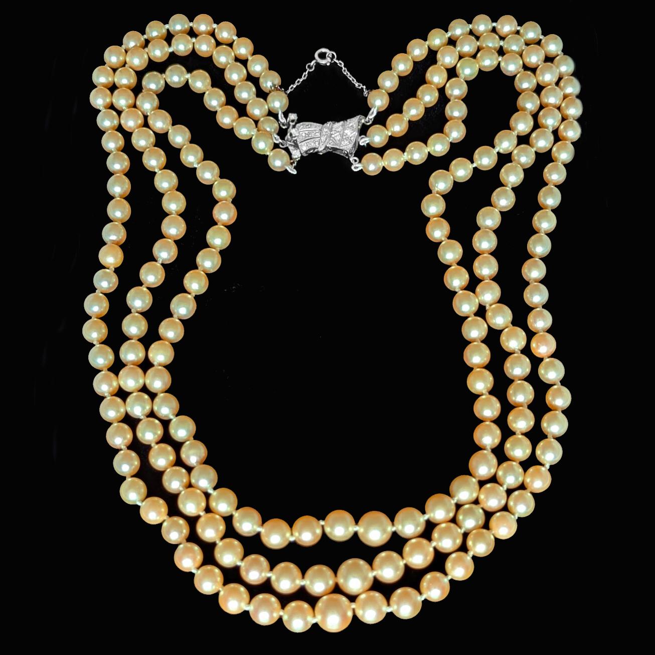 Exquisite 1950s Triple Strand Pearl Necklace with 0.75ct Diamond 18ct White Gold 18" Long (1 of 8)