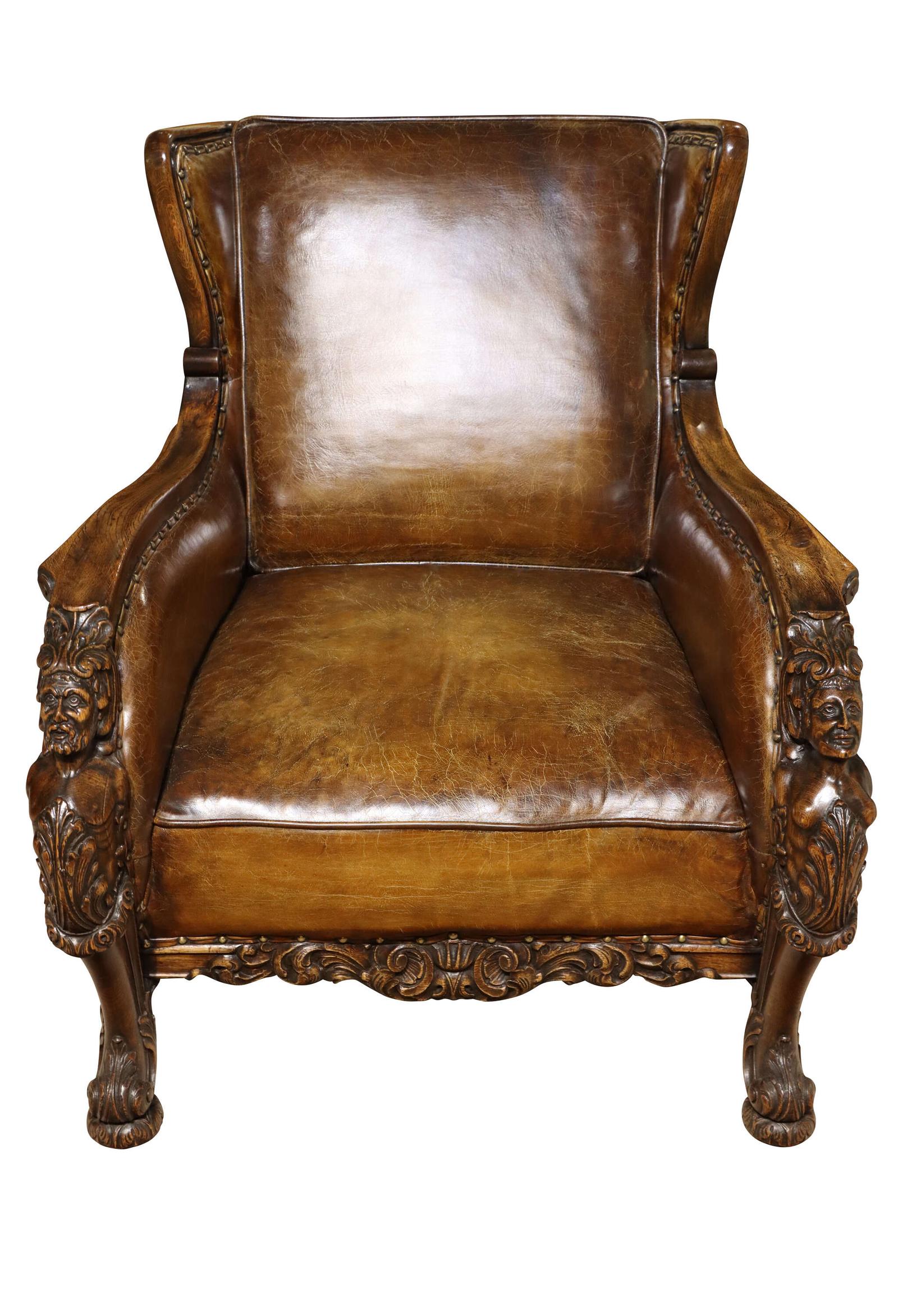 19th Century Carved Oak & Leather Wing Armchair with Figural Detail (1 of 8) 19th Century Carved Oak & Leather Wing Armchair with Figural Detail (1 of 8)