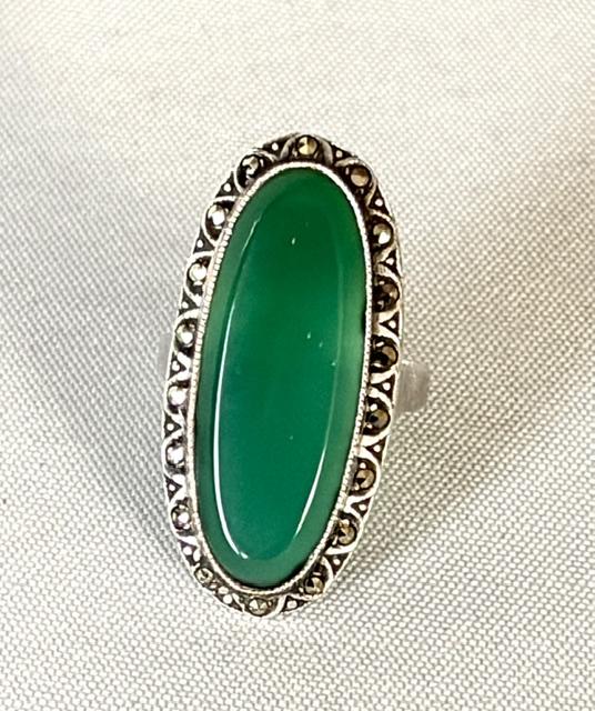 Art Deco Silver, Chrysoprase & Marcasite Dress Ring (1 of 5) Art Deco Silver, Chrysoprase & Marcasite Dress Ring (1 of 5)