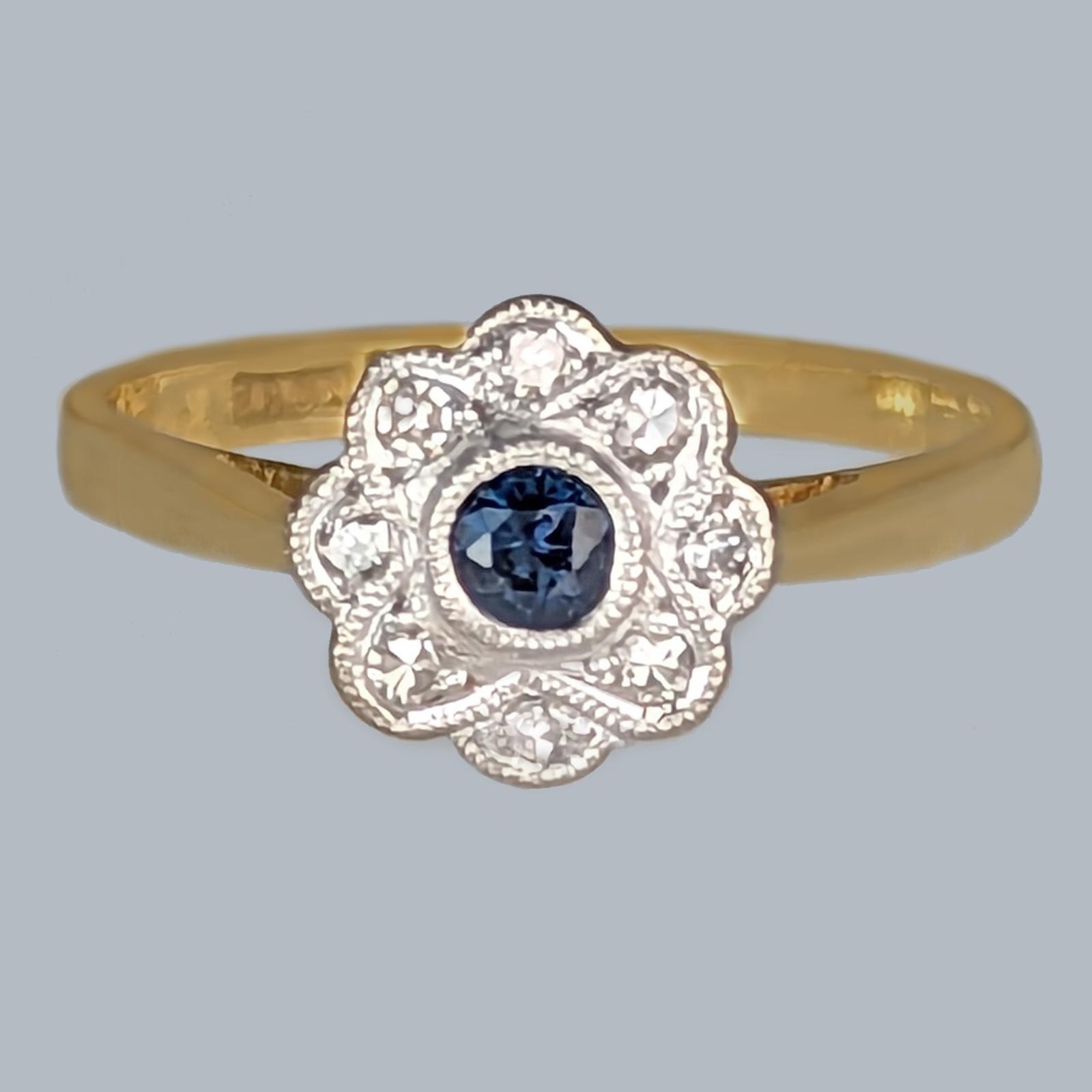 Antique 18ct Gold & Platinum Sapphire & Diamond Daisy Cluster Ring Edwardian Elegance c.1910 (1 of 9)