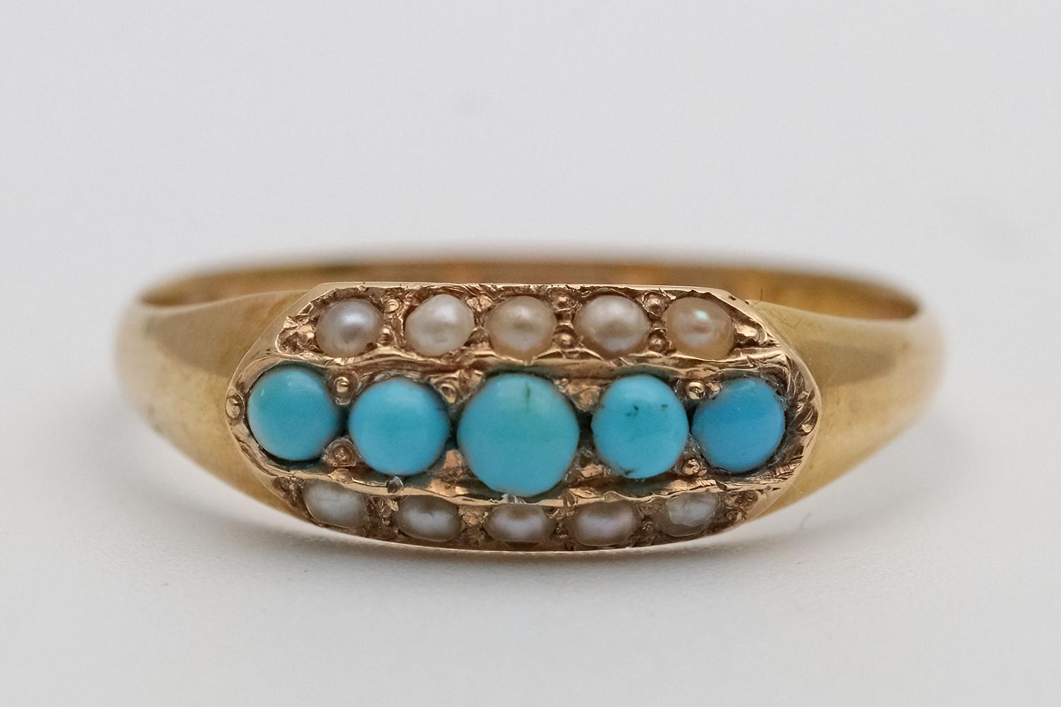 Victorian 15ct Gold Ring Set with Rows of Pearls & Turquoise (1 of 3)