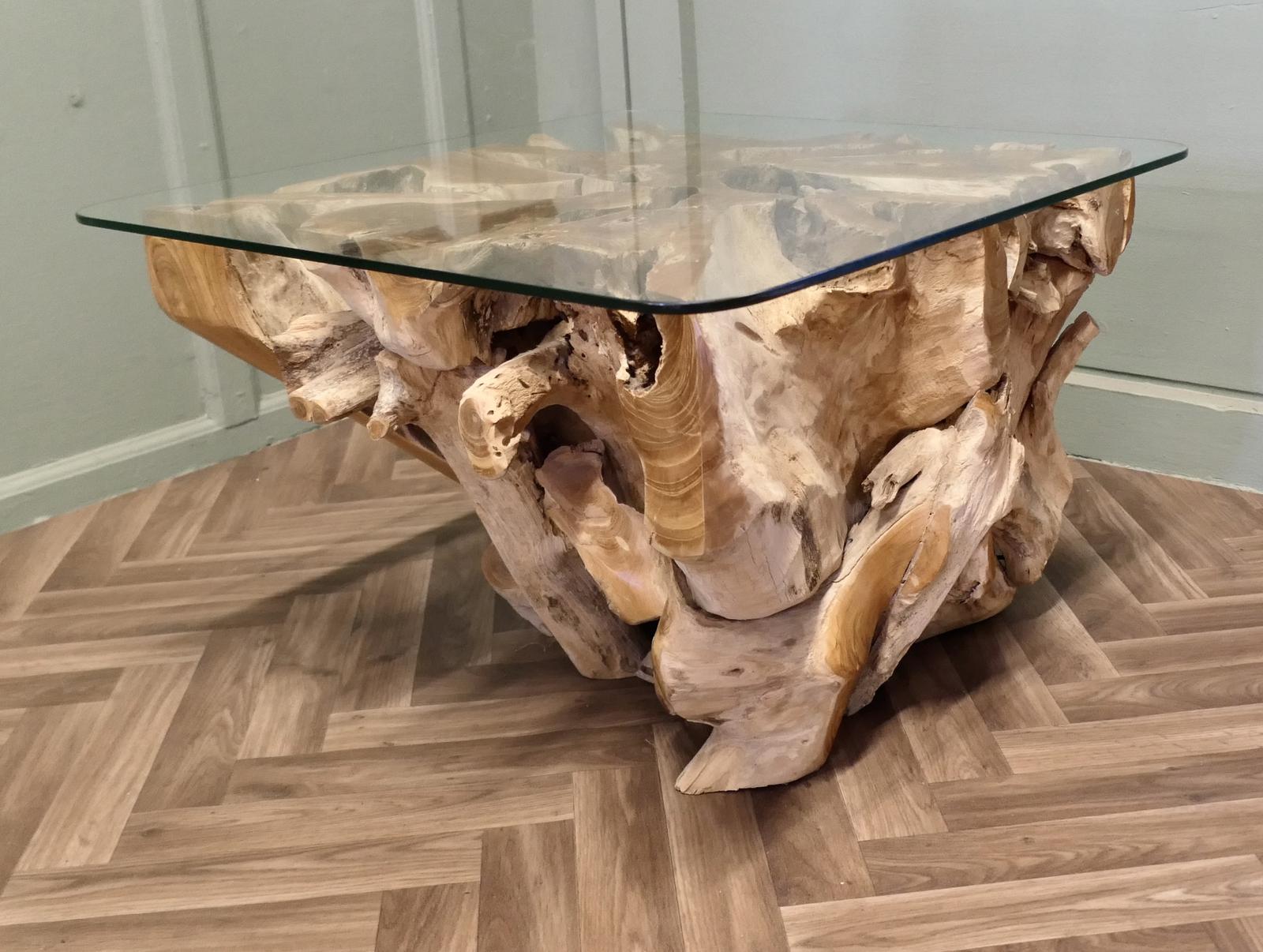 Live Edge Yewwood Root Tree Coffee Table with Glass Top (1 of 6)