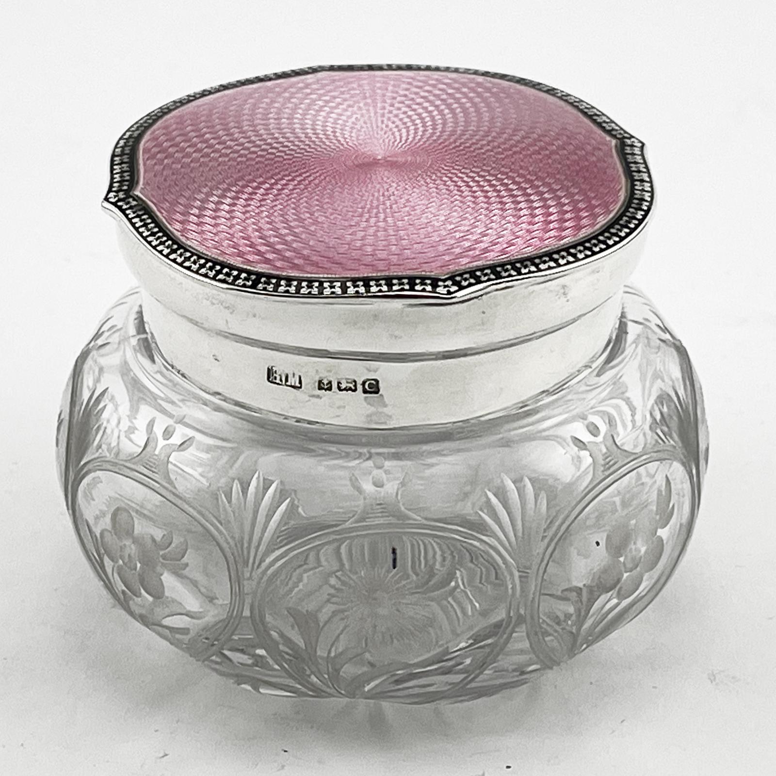 Sterling Silver & Pink Guilloche Enamel Topped Dressing Table Jar (1 of 5) Sterling Silver & Pink Guilloche Enamel Topped Dressing Table Jar (1 of 5)