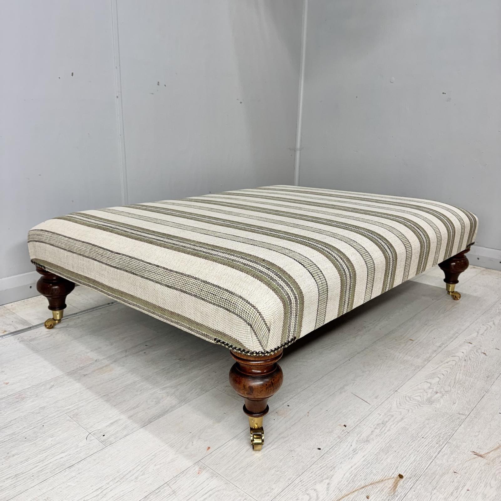 Large Antique Ottoman Stool in Green Striped Linen (1 of 6) Large Antique Ottoman Stool in Green Striped Linen (1 of 6)