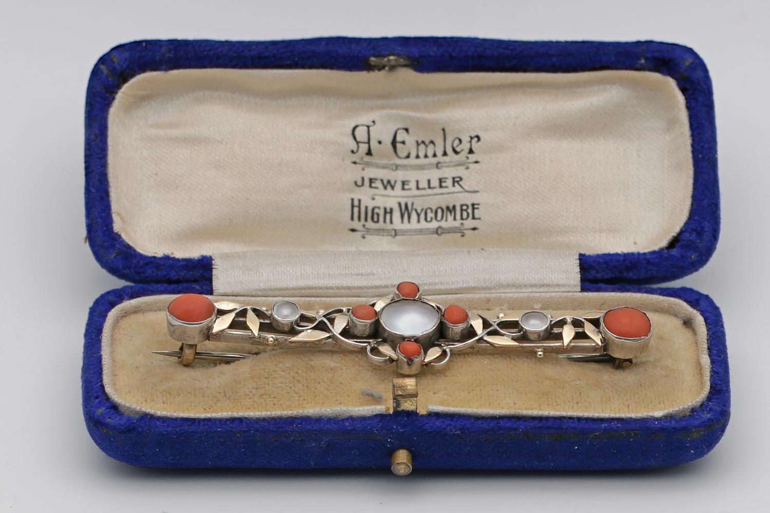 Arts and Crafts Silver and Gold, Coral and Mother of Pearl Bar Brooch (1 of 4)