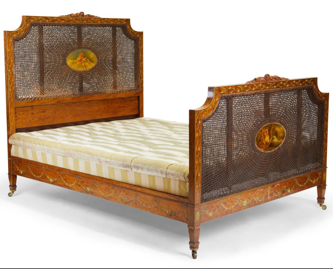 Bed - Antique Bed Edwardian Satinwood & Painted Double Bed (1 of 1)