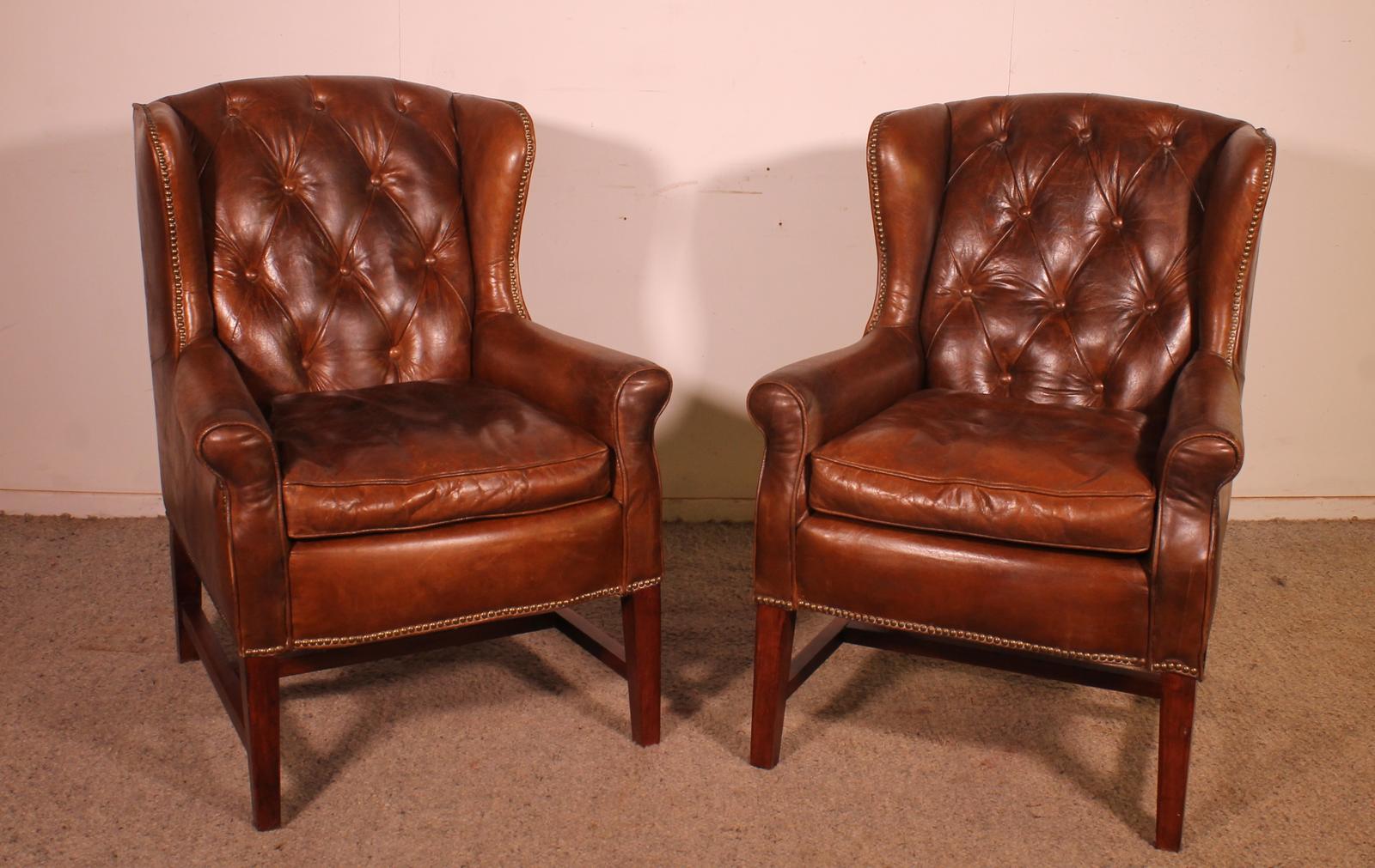 Pair of Brown Leather Wingback Chesterfield Armchairs (1 of 10) Pair of Brown Leather Wingback Chesterfield Armchairs (1 of 10)
