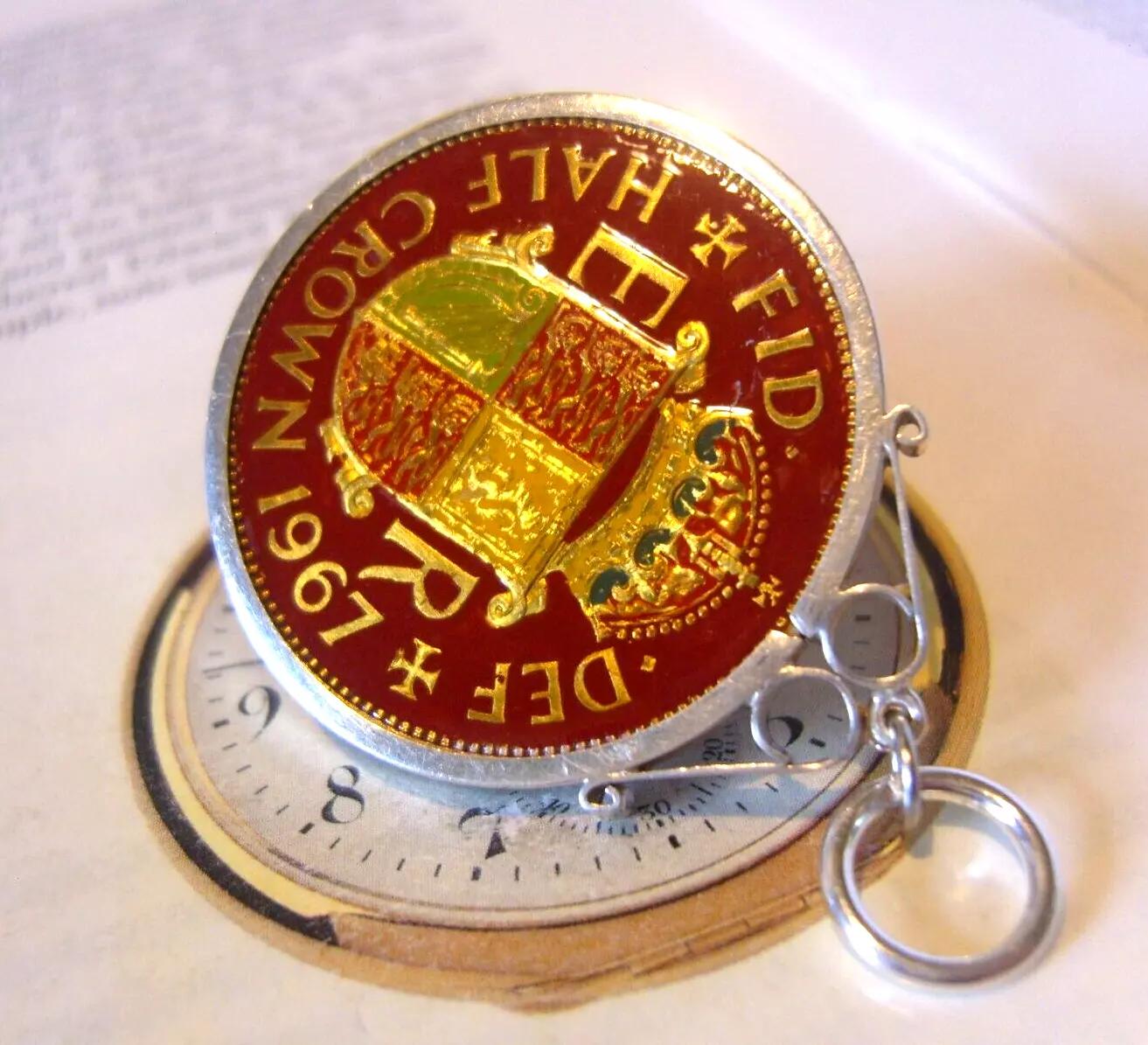 1967 Pocket Watch Chain Fob Silver & Enamel Half Crown Large English Coin Fob (1 of 12)