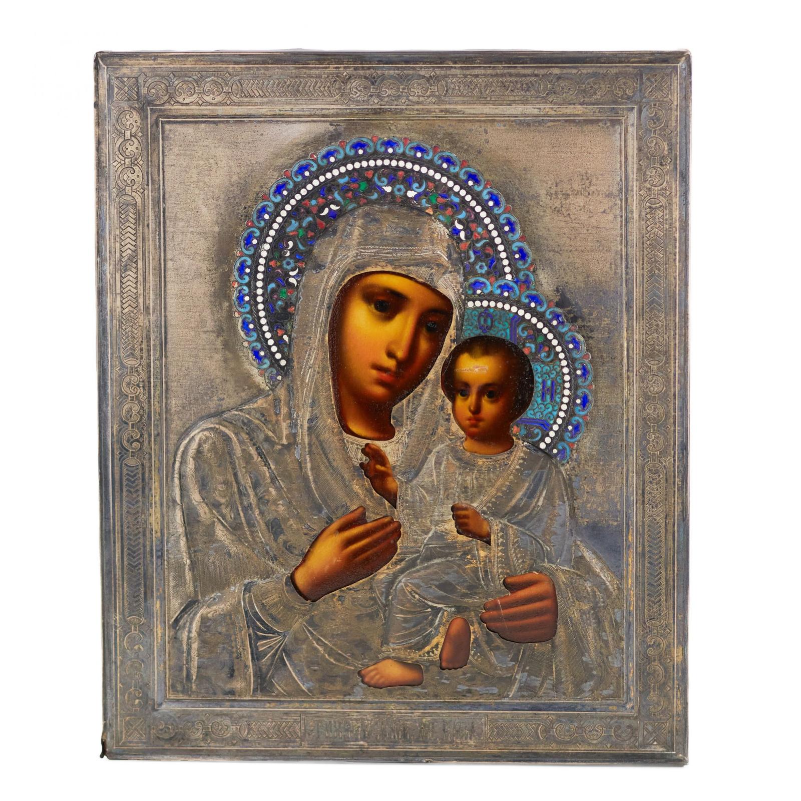 Icon of the Tikhvin Most Holy Theotokos in a Silver Frame and with Cloisonné Enamel. 1899-1908 (1 of 4)