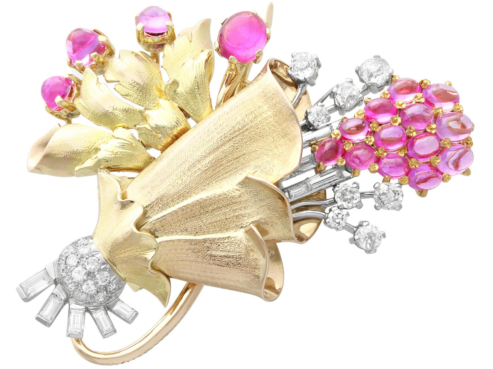 4.83ct Pink Sapphire & 1.10ct Tourmaline 1.36ct Diamond, 18ct Gold Brooch c.1940 (1 of 9)