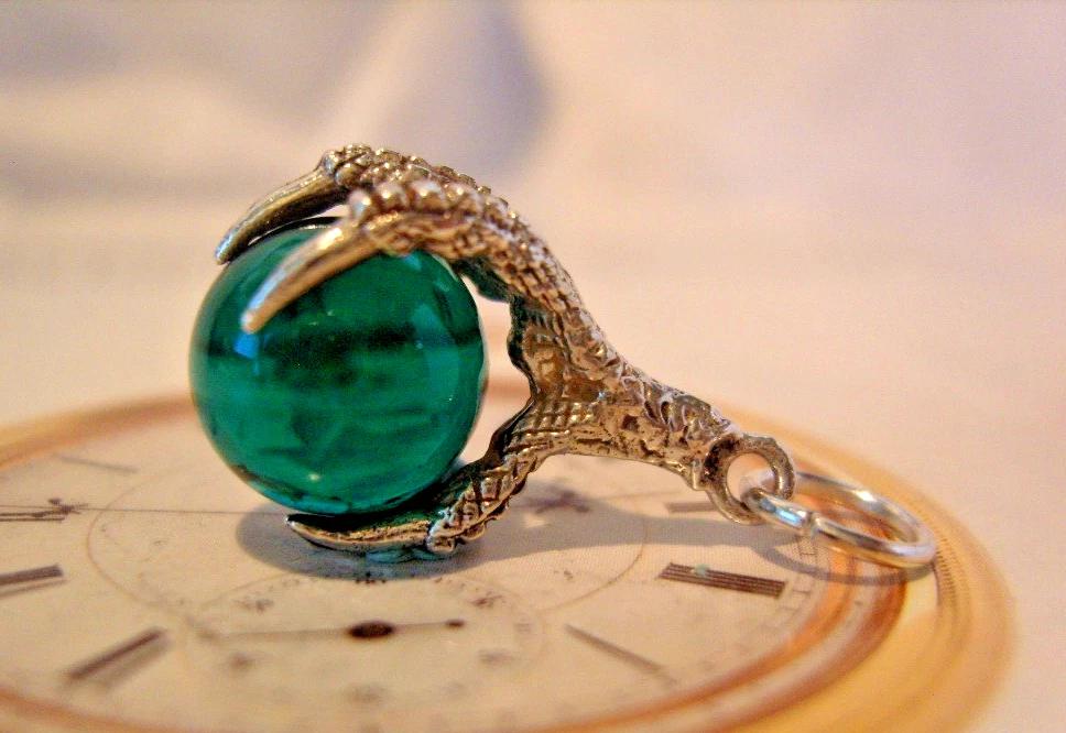 Pocket Watch Chain Fob Silver 1960s Talon Claw Holding A Large Green Glass Ball (1 of 10)