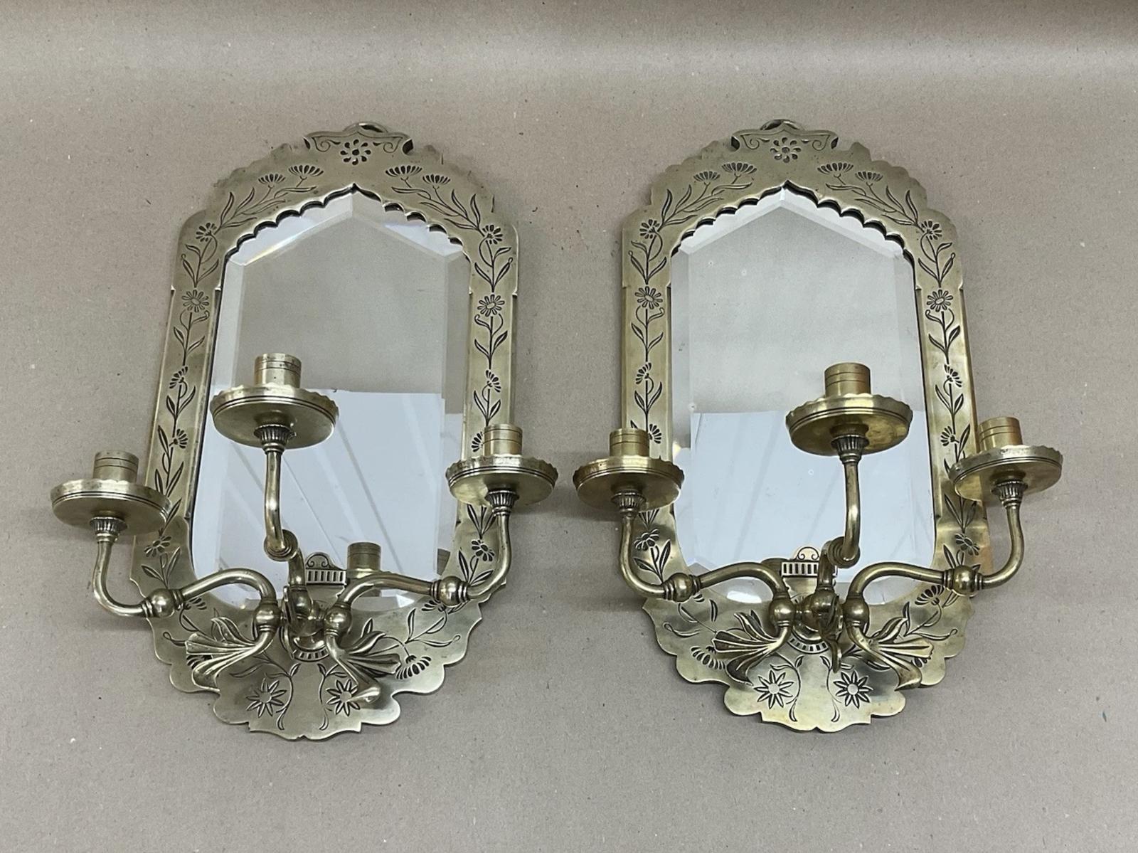 Pair of Arts & Crafts Brass Mirror Triple Candle Wall Sconces Antique Victorian c.1880 (1 of 8) Pair of Arts & Crafts Brass Mirror Triple Candle Wall Sconces Antique Victorian c.1880 (1 of 8)
