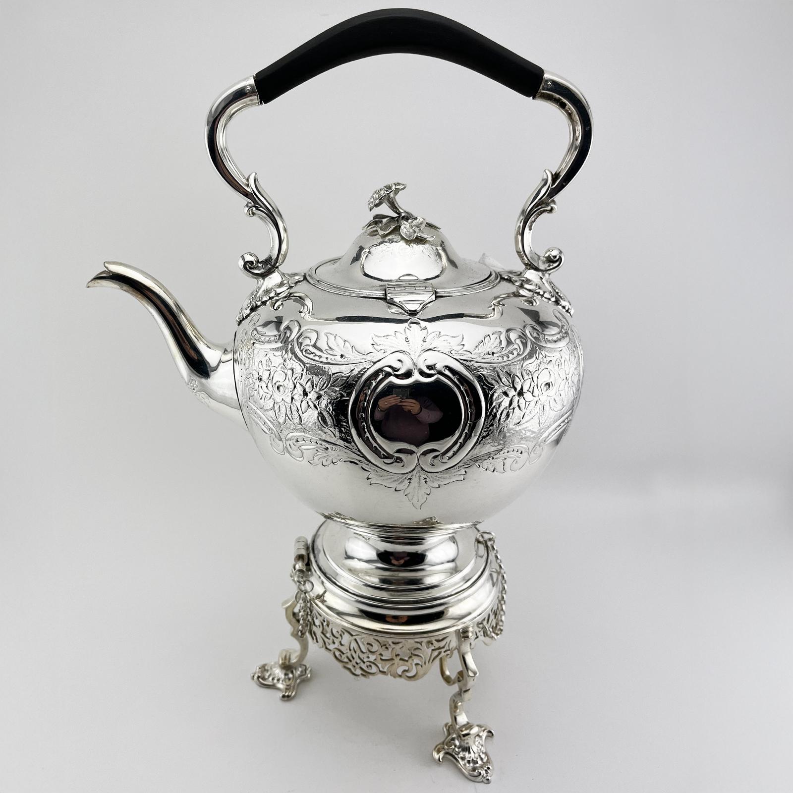 Large Decorative Victorian Silver Plated Tea Kettle on Stand (1 of 6)