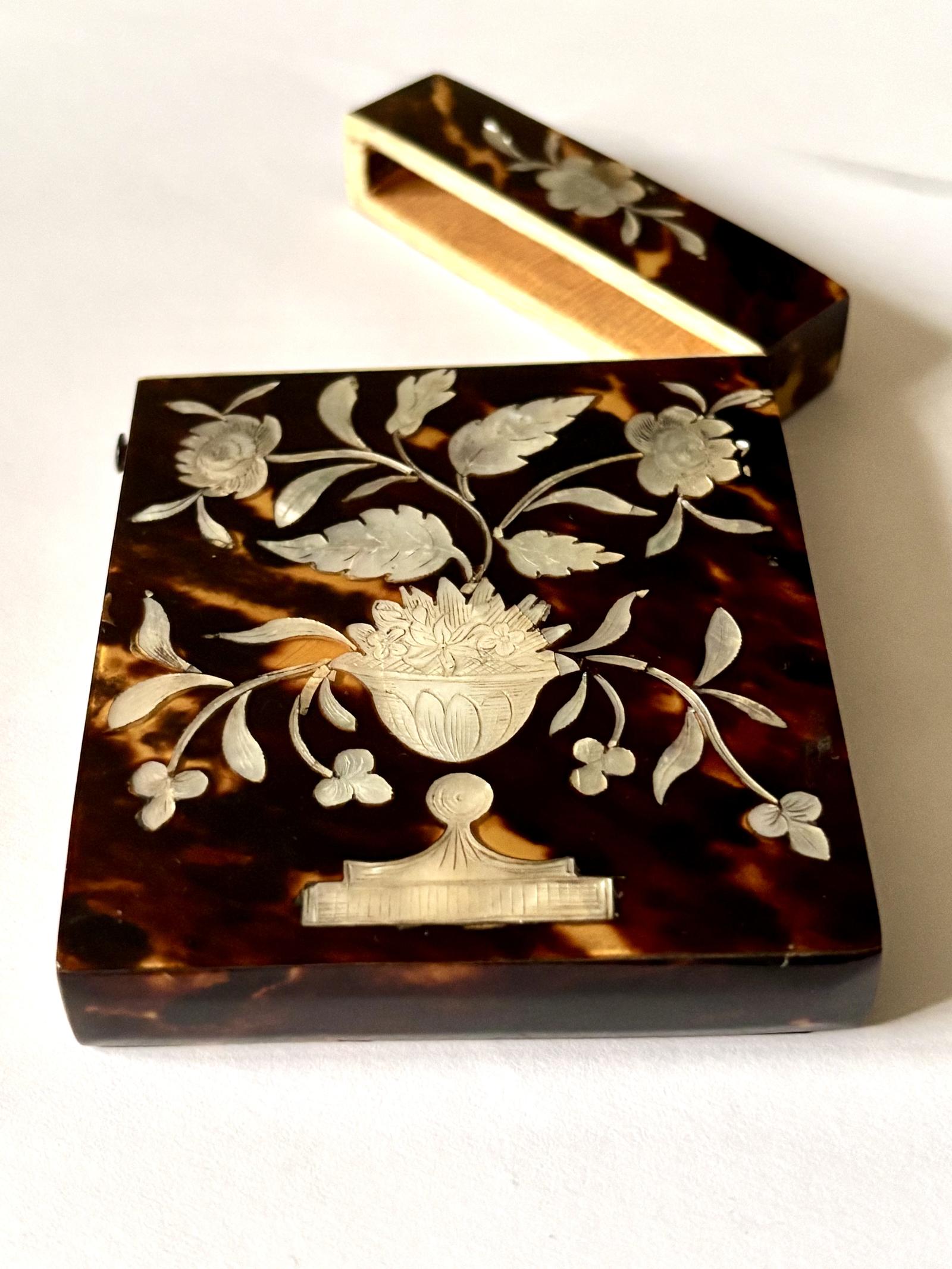 Victorian Tortoiseshell & Inlaid Mother of Pearl Card Case Urn Flower Design (1 of 9)
