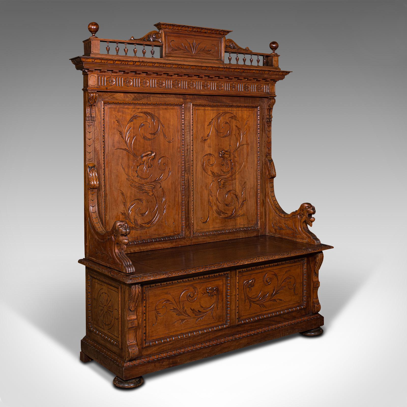 Large Antique Hall Settle, Italian, Pine, Walnut, Bench, Pew, Victorian c.1850 (1 of 12)