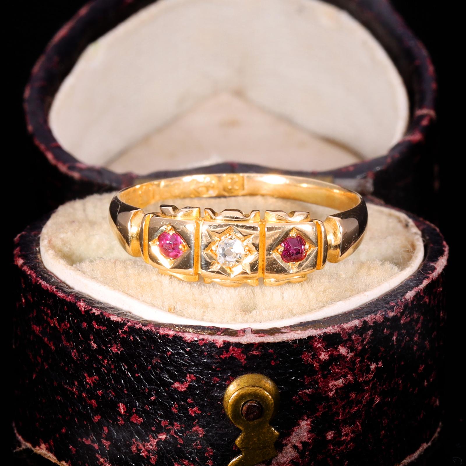 The Antique Victorian 1883 Diamond & Ruby Three Stone Ring (1 of 8)