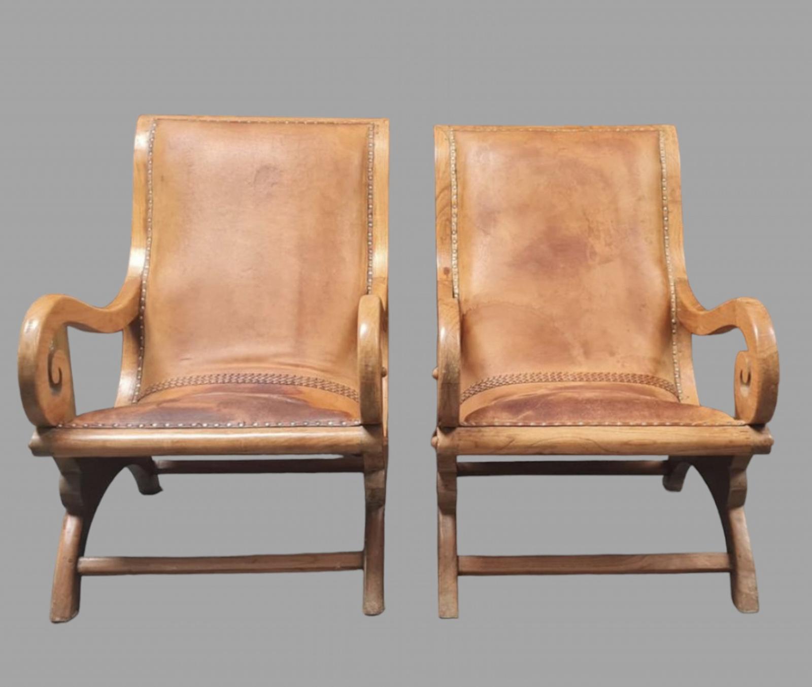 Pair of Tan Fruitwood Plantation Leathered Armchairs c.1900 (1 of 8) Pair of Tan Fruitwood Plantation Leathered Armchairs c.1900 (1 of 8)