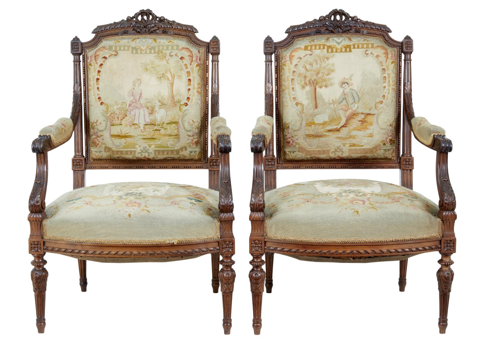 19th Century French Carved Walnut Tapestry Armchairs (1 of 10)