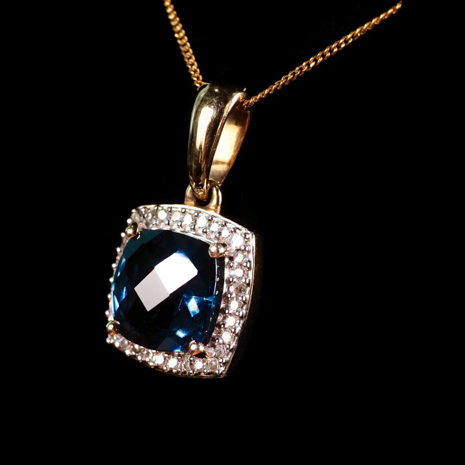 A Stunning Blue Topaz & Diamond Halo Square Necklace 9K Gold (1 of 13)