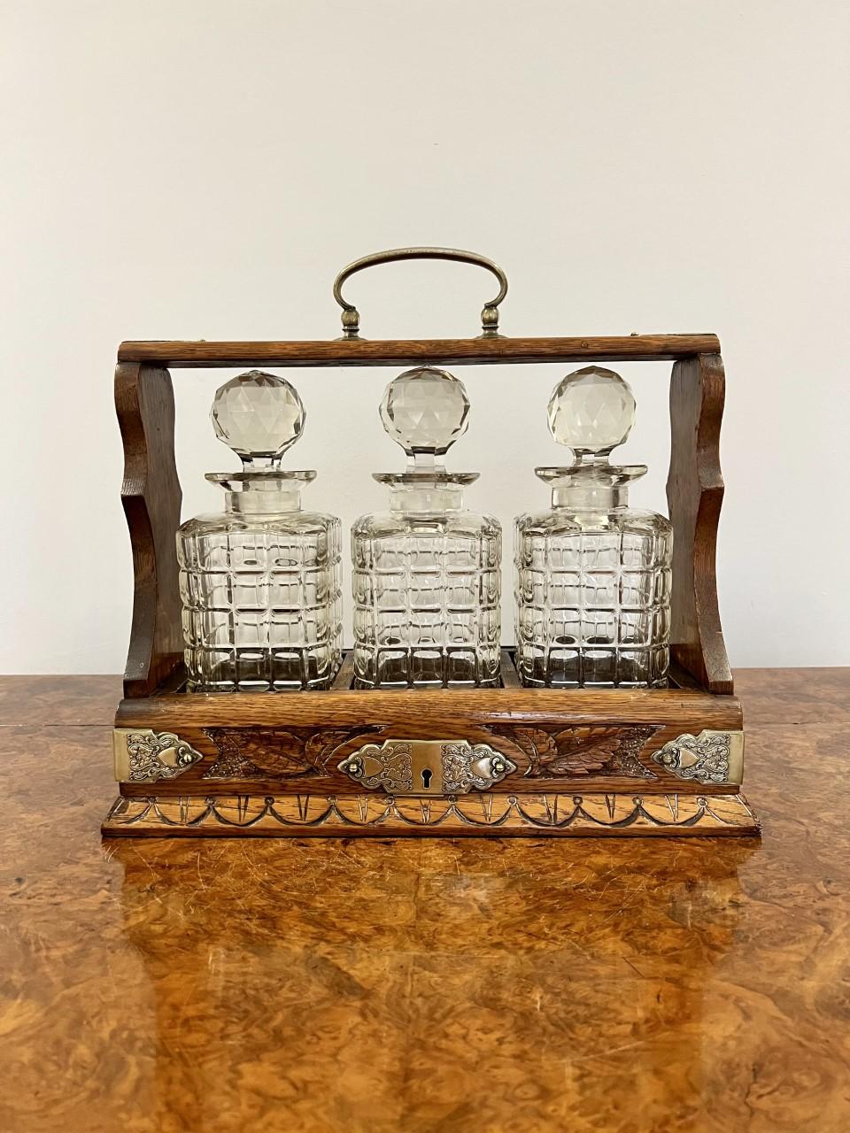 Quality Antique Victorian Carved Oak Tantalus with Engraved Brass Mounts (1 of 7) Quality Antique Victorian Carved Oak Tantalus with Engraved Brass Mounts (1 of 7)