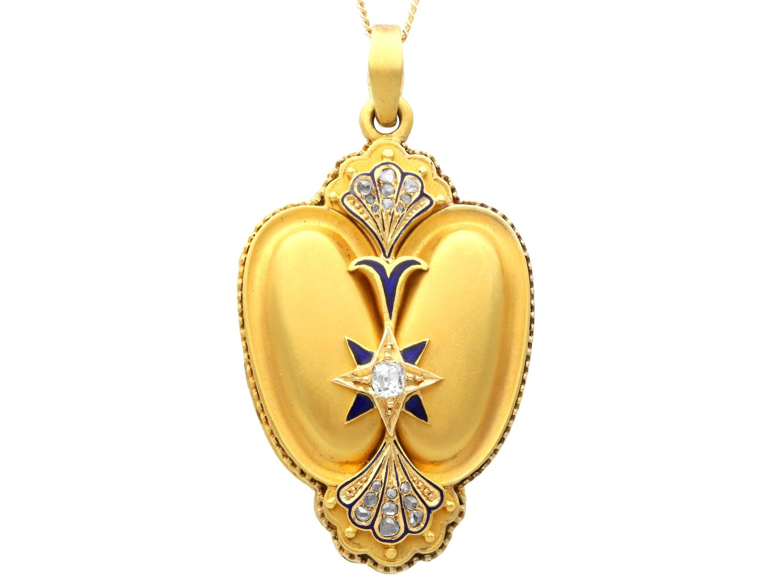 Antique 0.45ct Diamond Enamel & 16ct Yellow Gold Locket Pendant c.1880 (1 of 13)