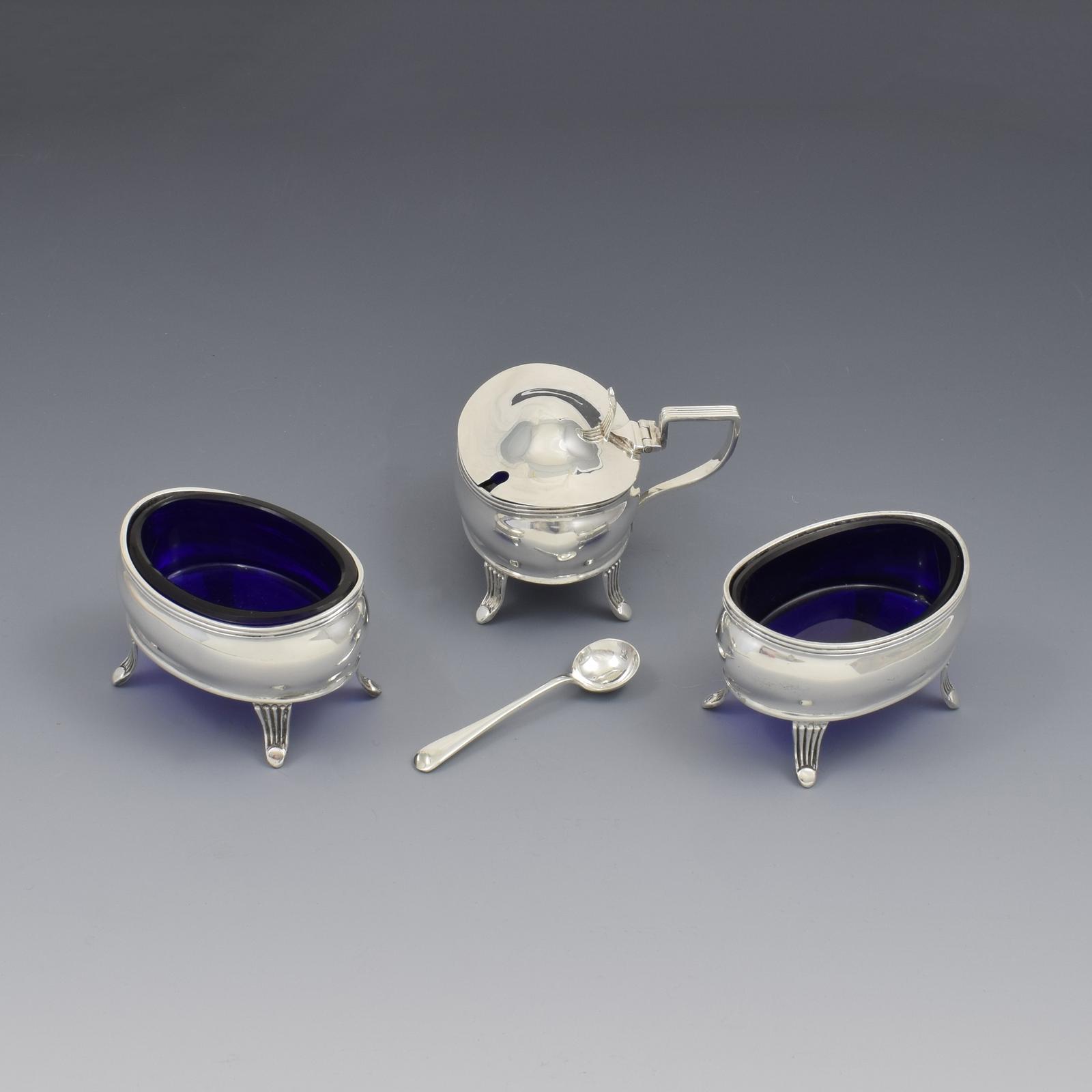 Edwardian Three Piece Silver Cruet / Condiment Set Mustard Pot & Salts (1 of 8)