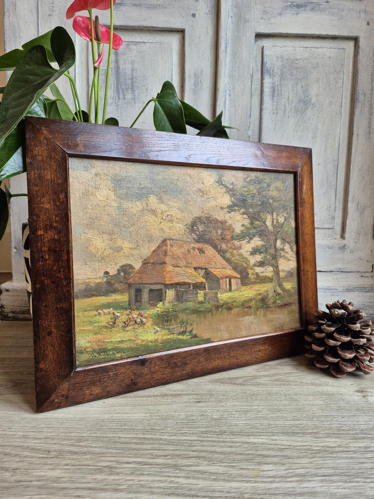 Antique Landscape Painting, Antique Barn Oil Painting (1 of 18)