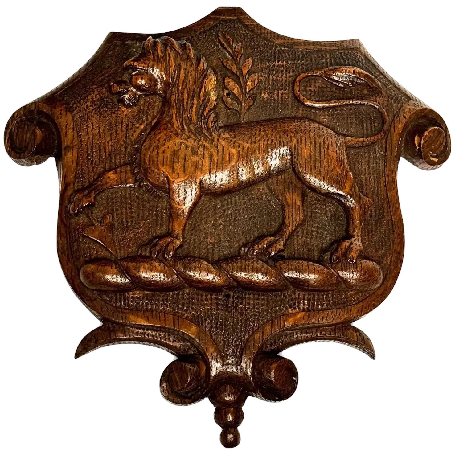 19th Century Pugin Design Carved Tiger Oak Heraldic Lion Shield Sculpture (1 of 30)