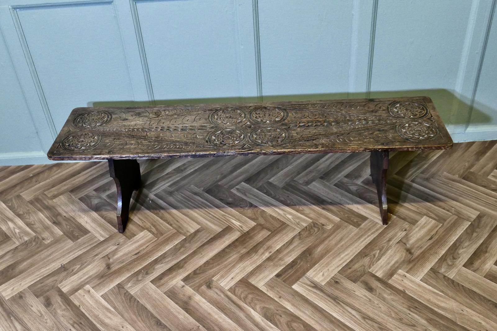 Gothic Carved Oak Window Seat, Plank Bench (1 of 6)