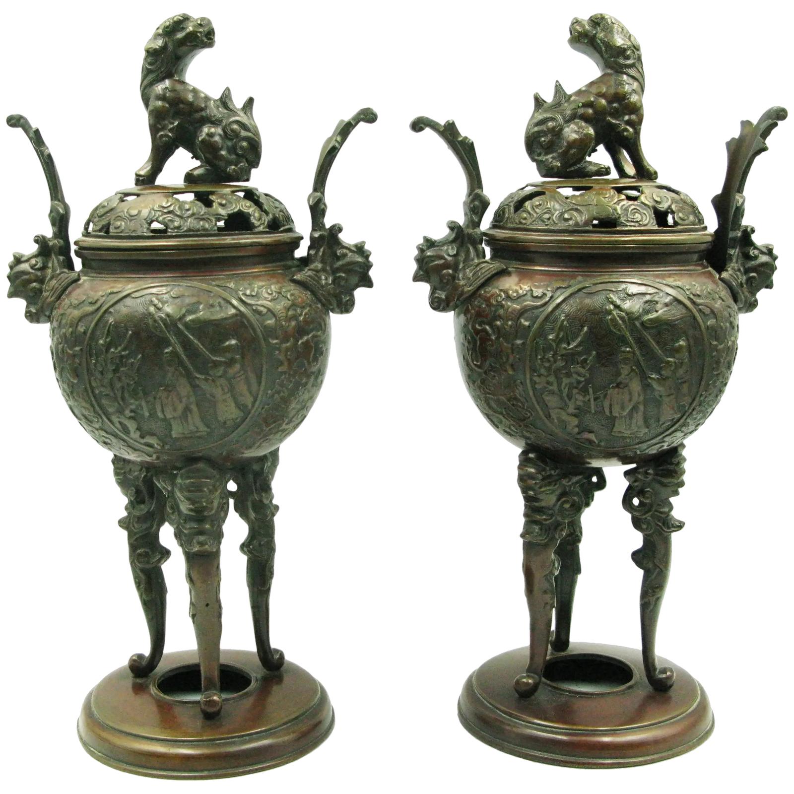 Pair Large Antique Japanese Meiji Bronze Koro Incense Burners (1 of 8)