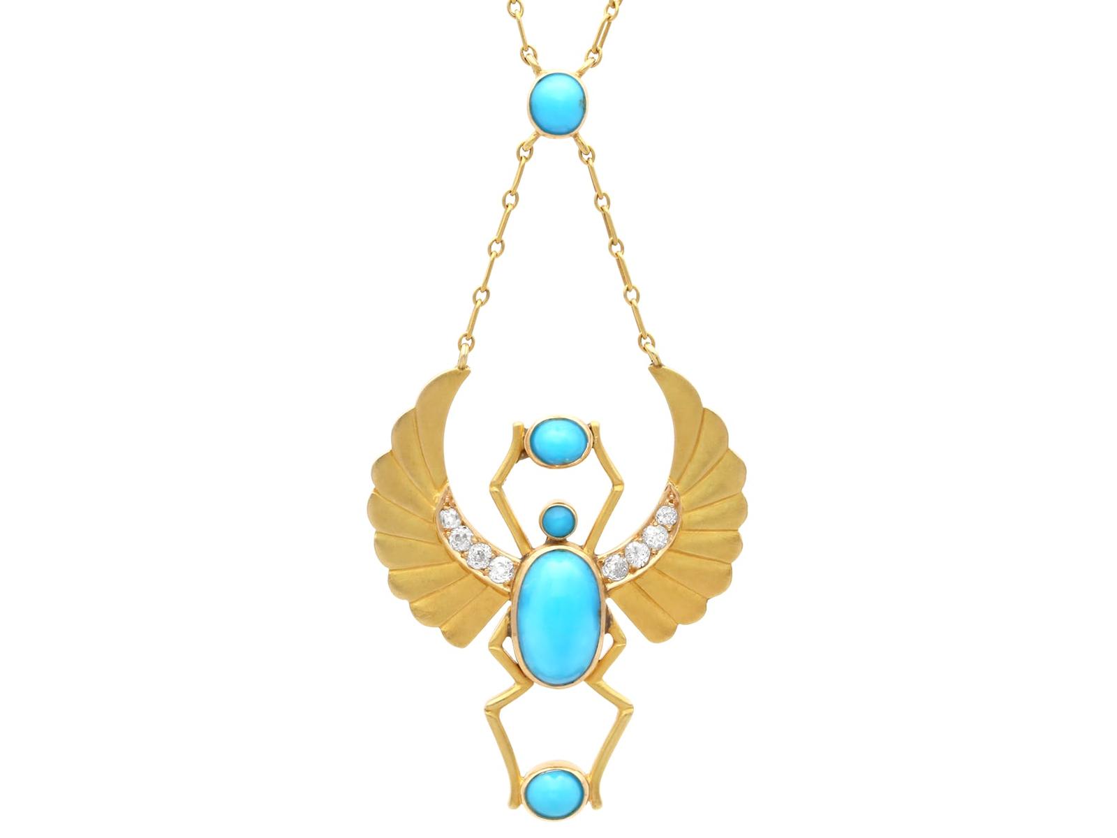 Antique 3.20ct Turquoise & 0.23ct Diamond, 18k Yellow Gold Egyptian Revival Pendant c.1880 (1 of 13)