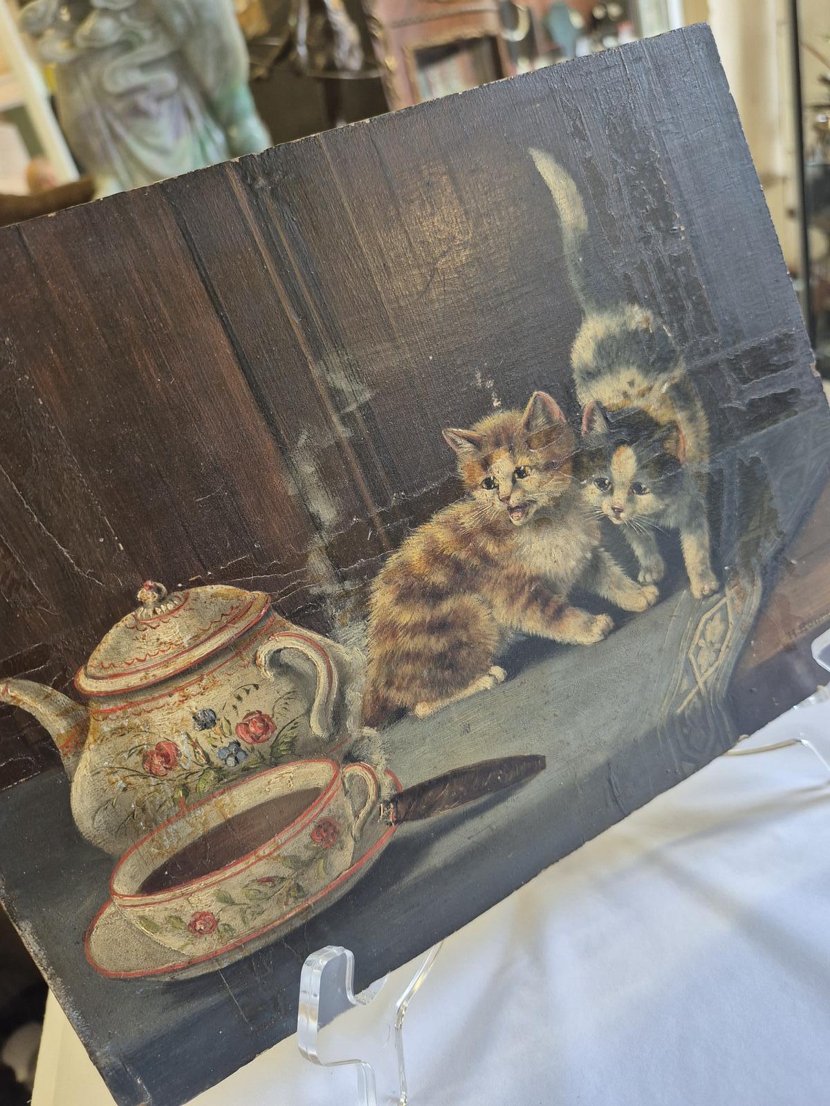 Antique Painting of Cats / Kittens Signed Oil on Board (1 of 6)