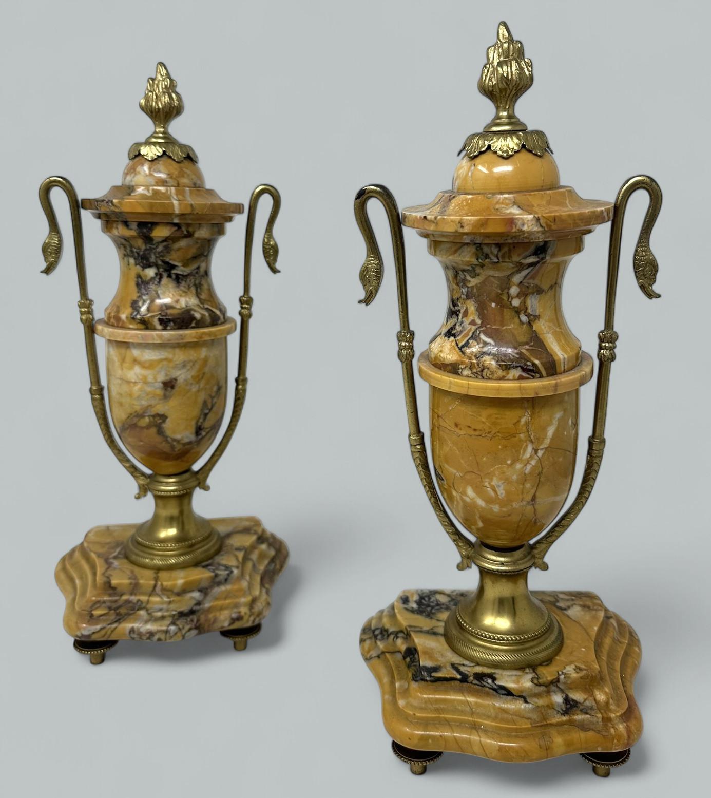 Pair of French Regency Style Giallo Sienna Marble Gilt Bronze Ormolu Urns Vases 19ct (1 of 8)